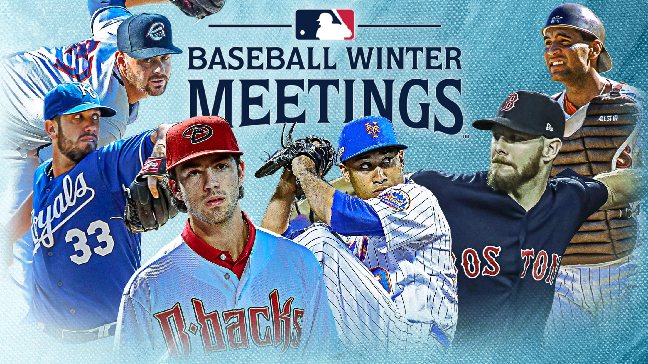 A designed image showing six players in front of text that reads, ''Baseball Winter Meetings''