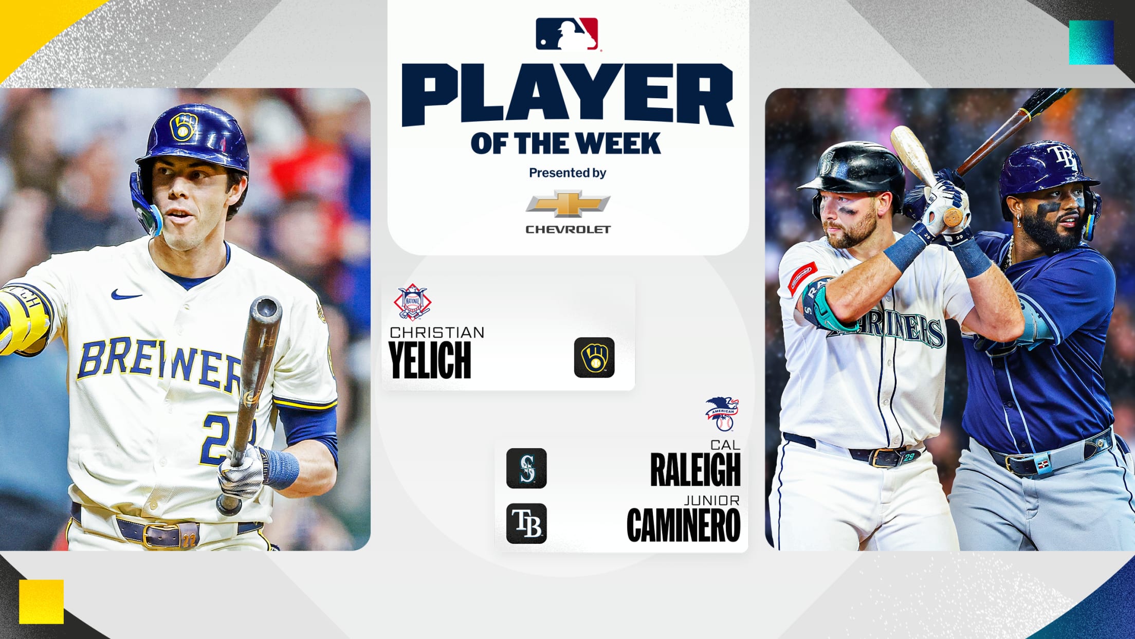 Christian Yelich was named NL Player of the Week, with Cal Raleigh and Junior Caminero sharing AL recognition