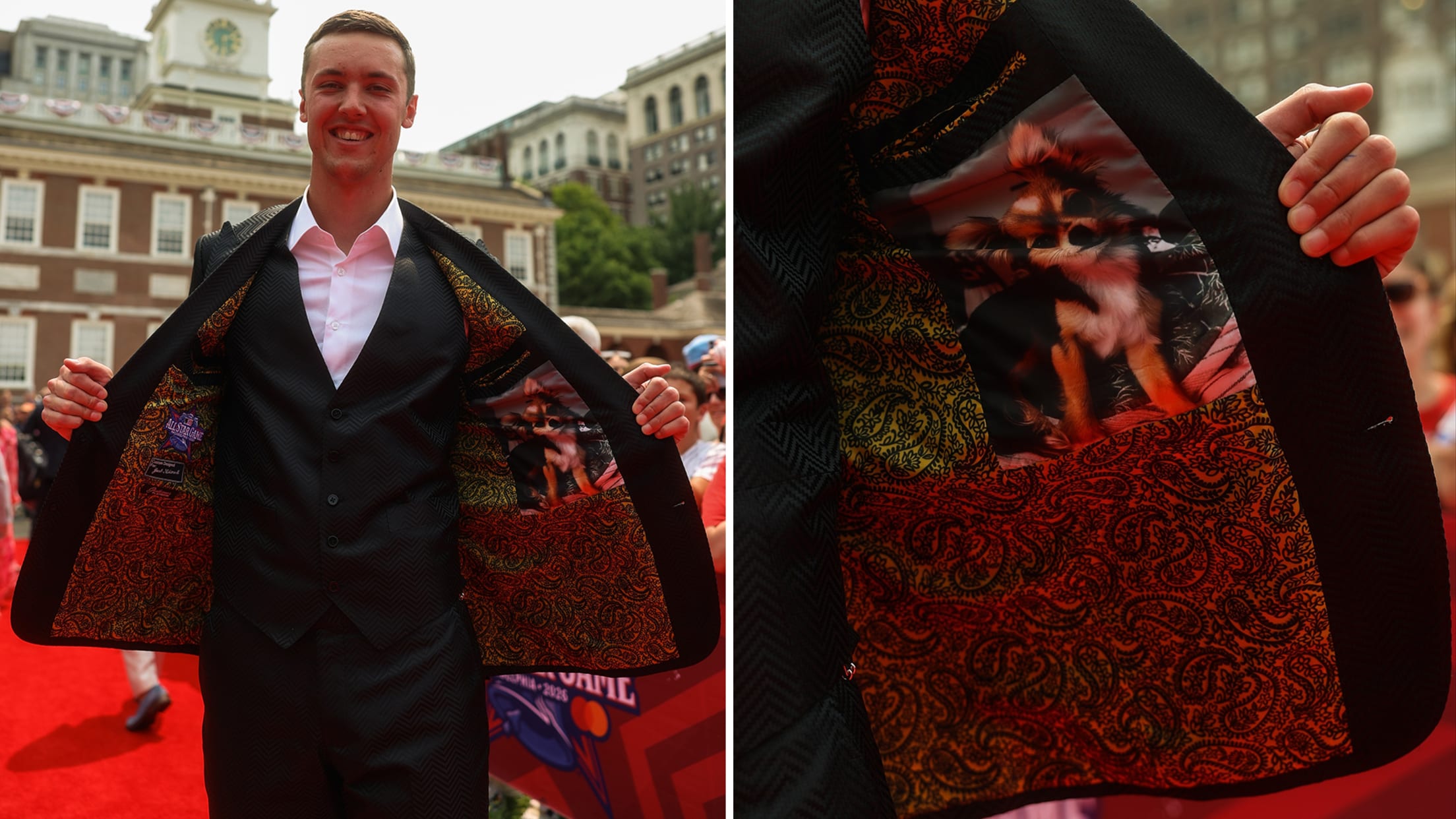 Jacob Misiorowski shows off pictures of his dog sewn into his suit jacket