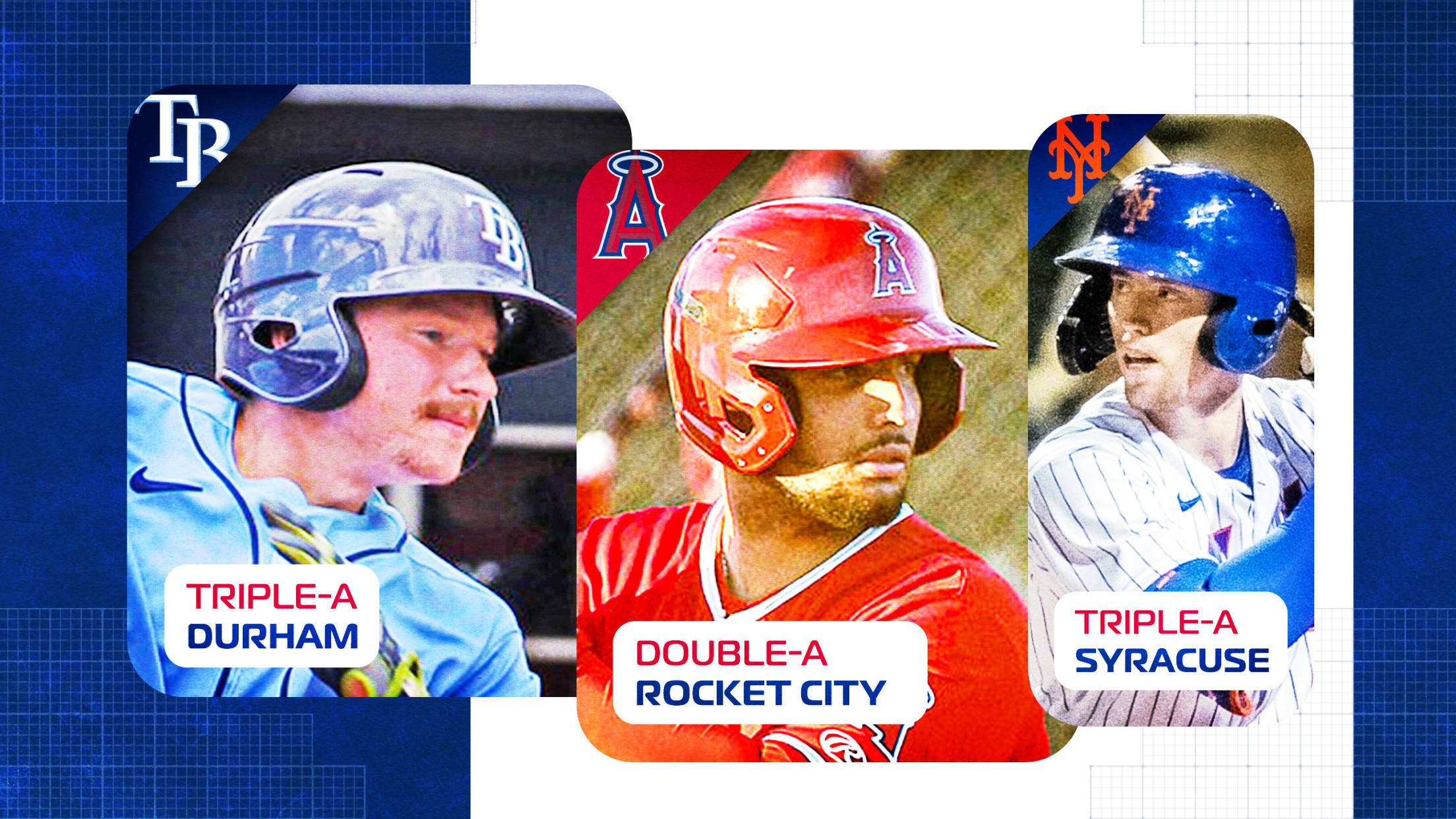 Three headshots: A Rays prospect at Triple-A Durham, an Angels prospect at Double-A Rocket City, and a Mets prospect at Triple-A Syracuse