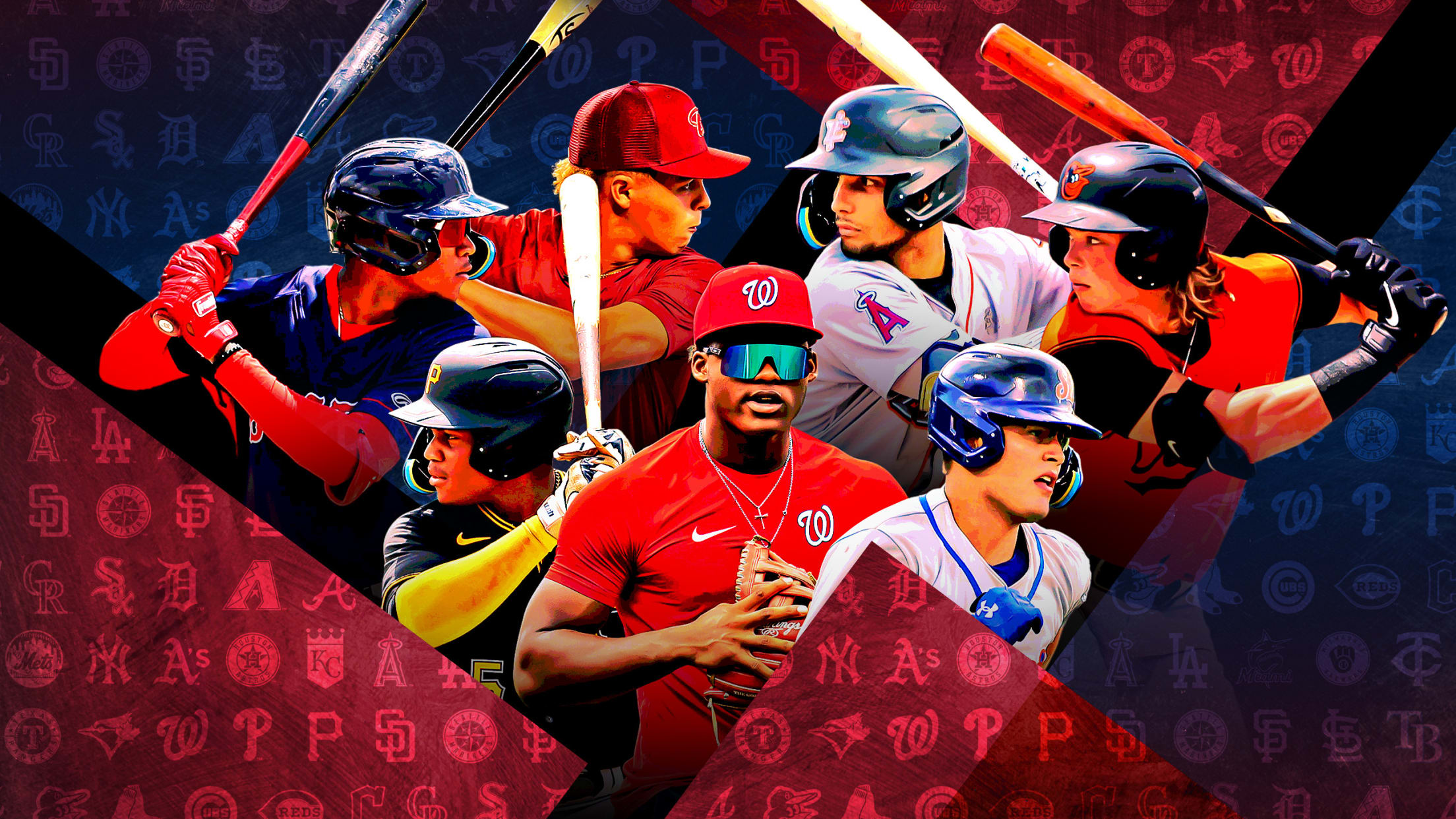 A photo illustration of seven prospects against a background of red and blue shapes containing MLB team logos