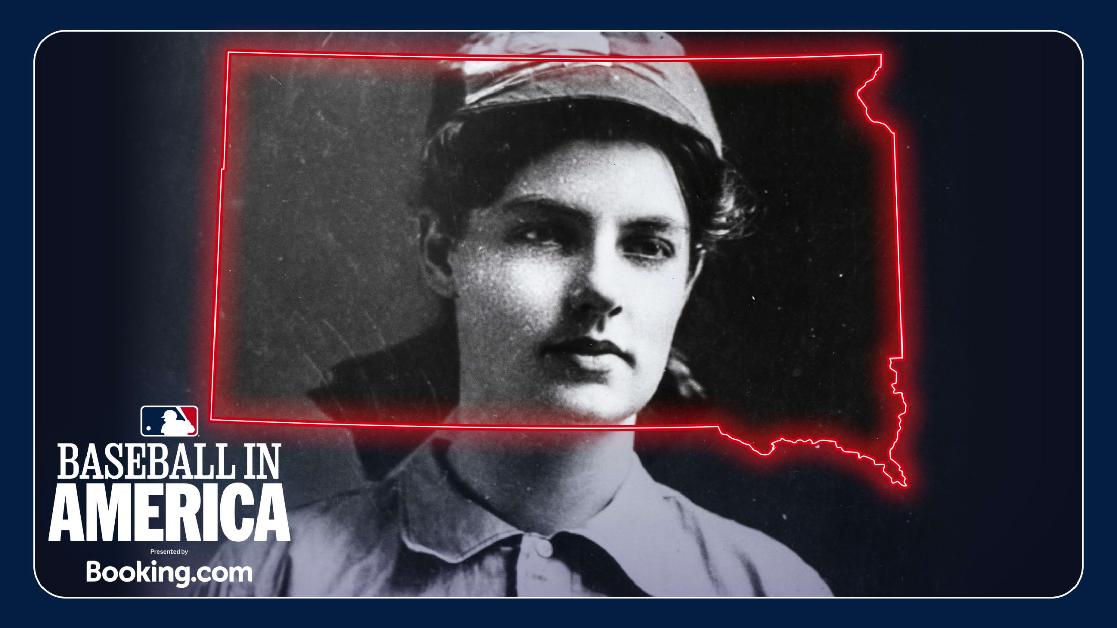 A black-and-white portrait of Amanda Clement behind a red outline of the state of South Dakota