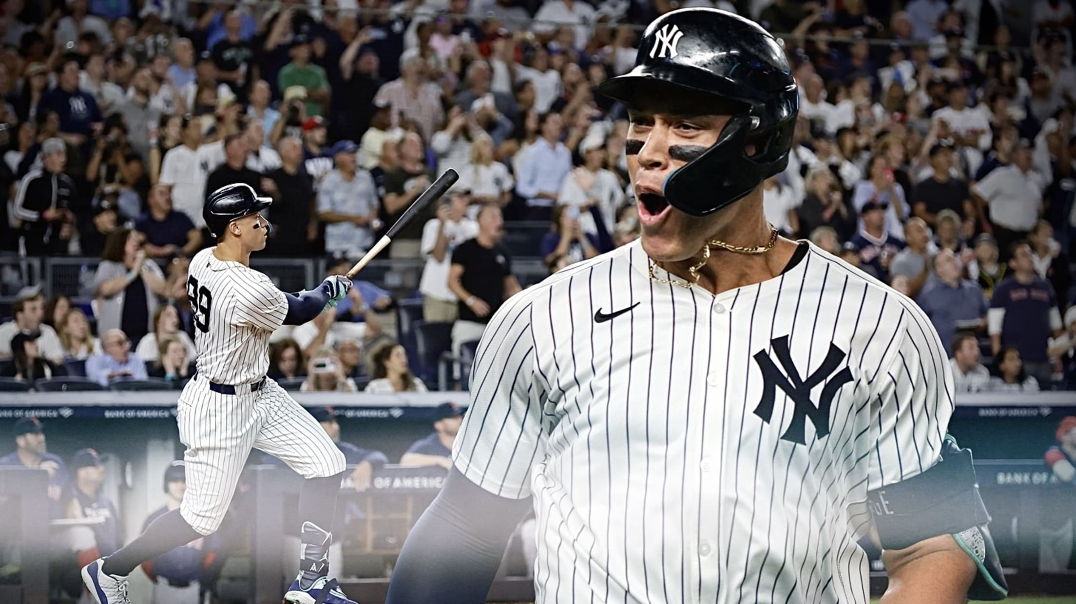 A composite image of Aaron Judge following through on his home run and celebrating