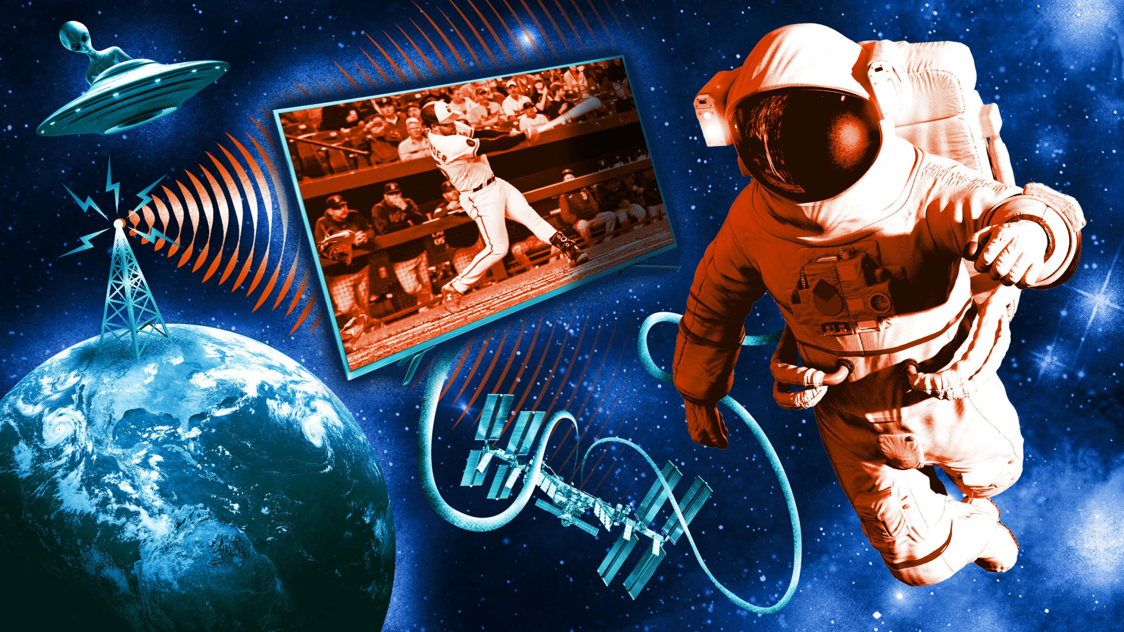 A photo illustration of an astronaut on a spacewalk with a video screen showing an Orioles game floating above the Earth