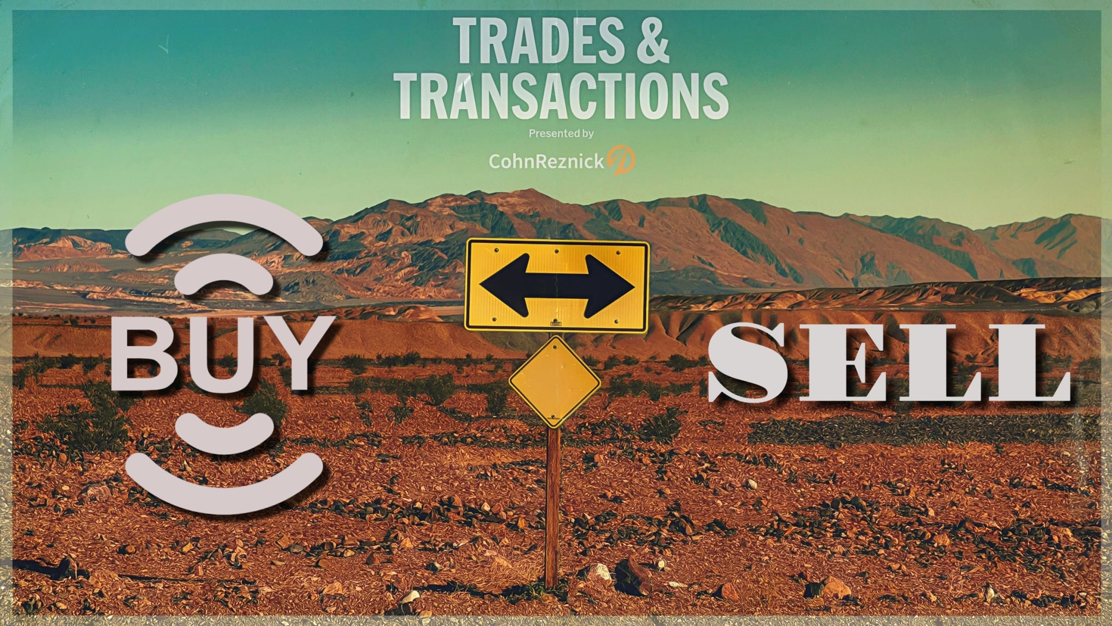 A desert crossroads with a sign showing arrows pointing right and left, with the word buy on one side and sell on the other