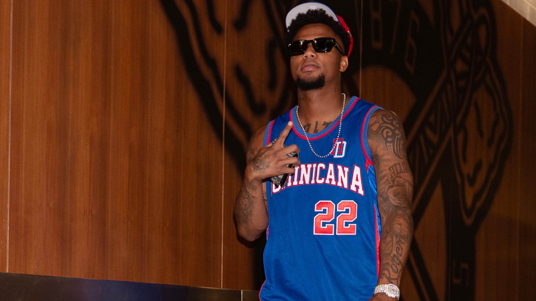 Ronald Acuña Jr. in a Dominican Republic basketball jersey
