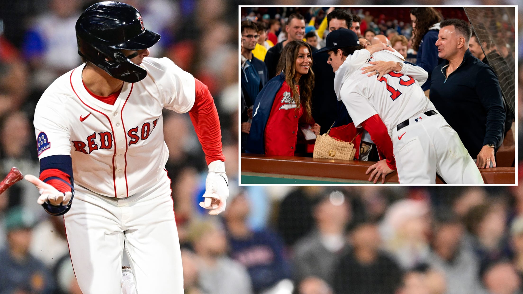 Roman Anthony in action and hugging his family after the game