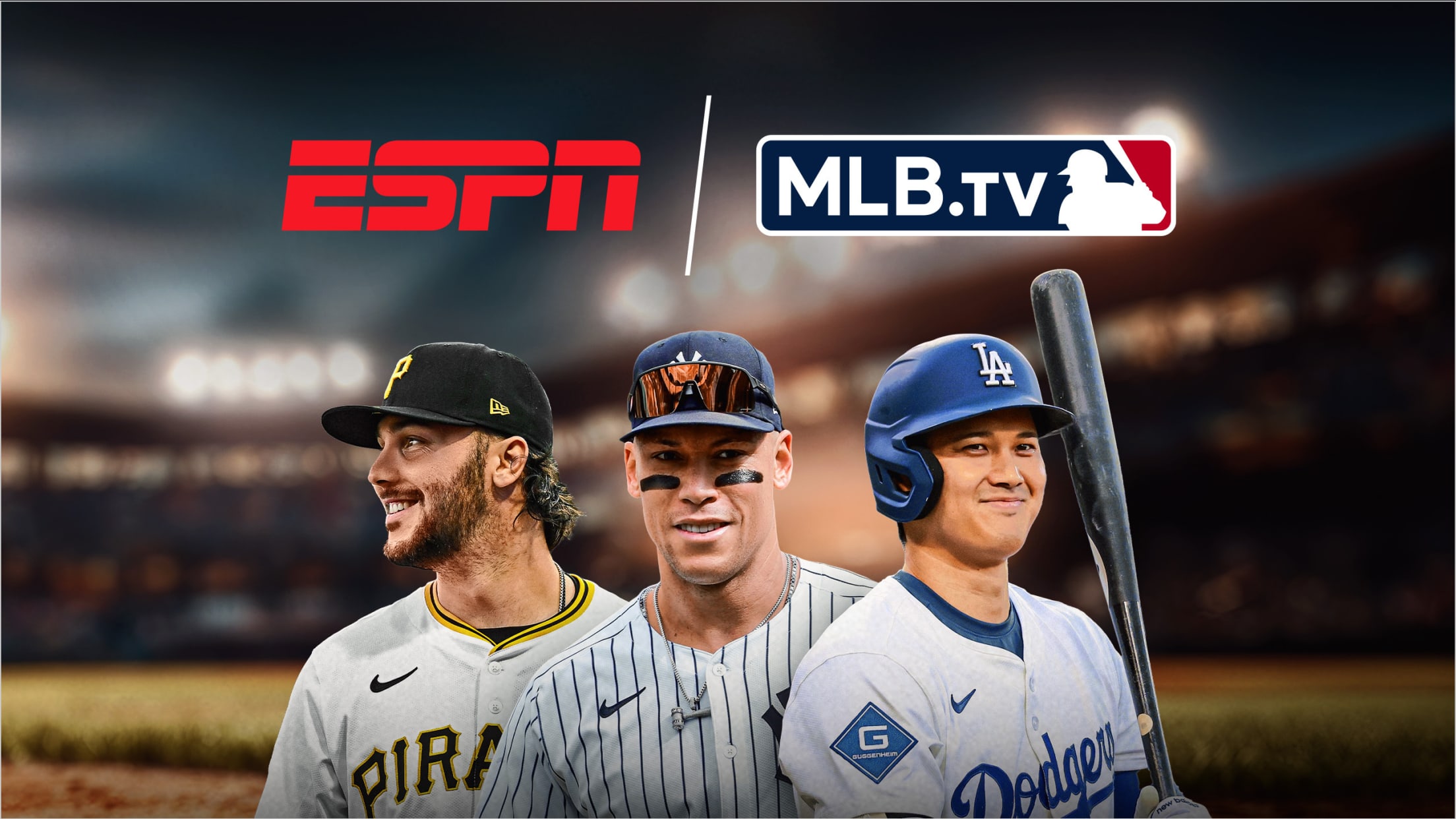 Paul Skenes, Aaron Judge and Shohei Ohtani beneath the logos for ESPN and MLB.TV
