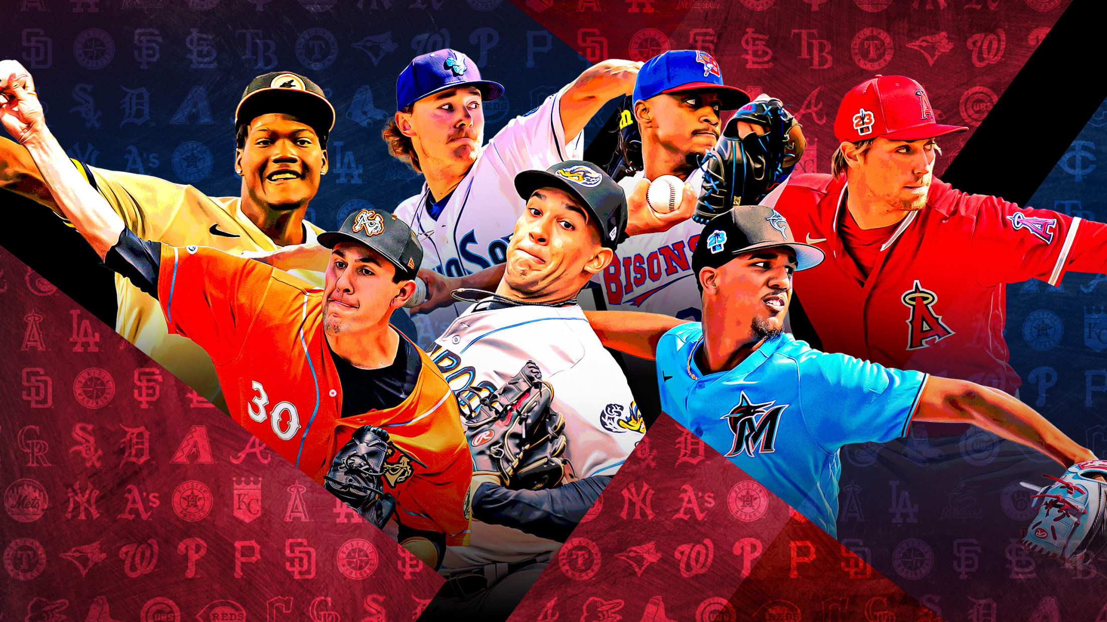 A photo illustration of 7 pitchers in a cluster amid red triangles on a blue-black background