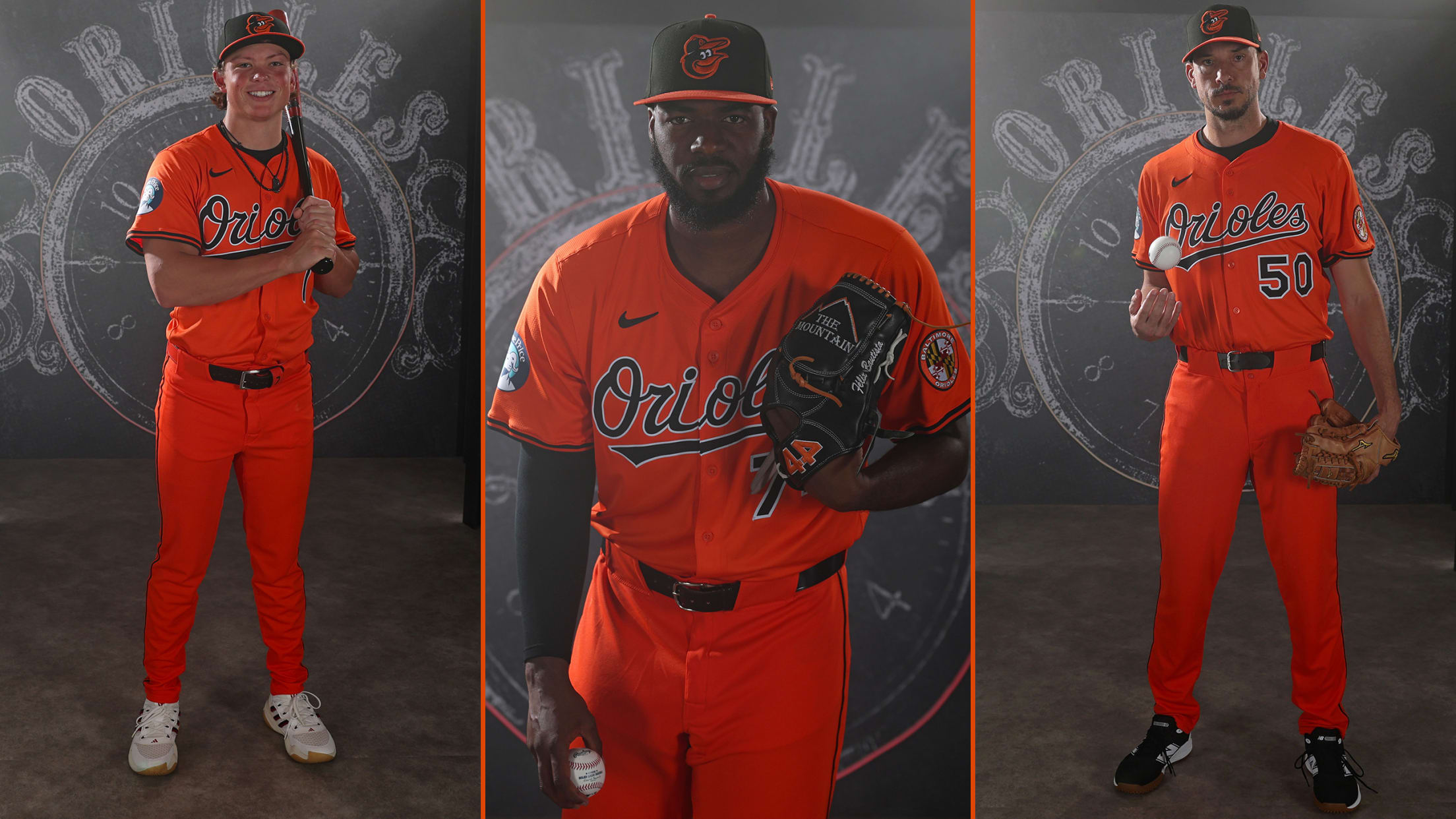 Jackson Holliday, Félix Bautista and Charlie Morton model the all-orange Orioles uniforms