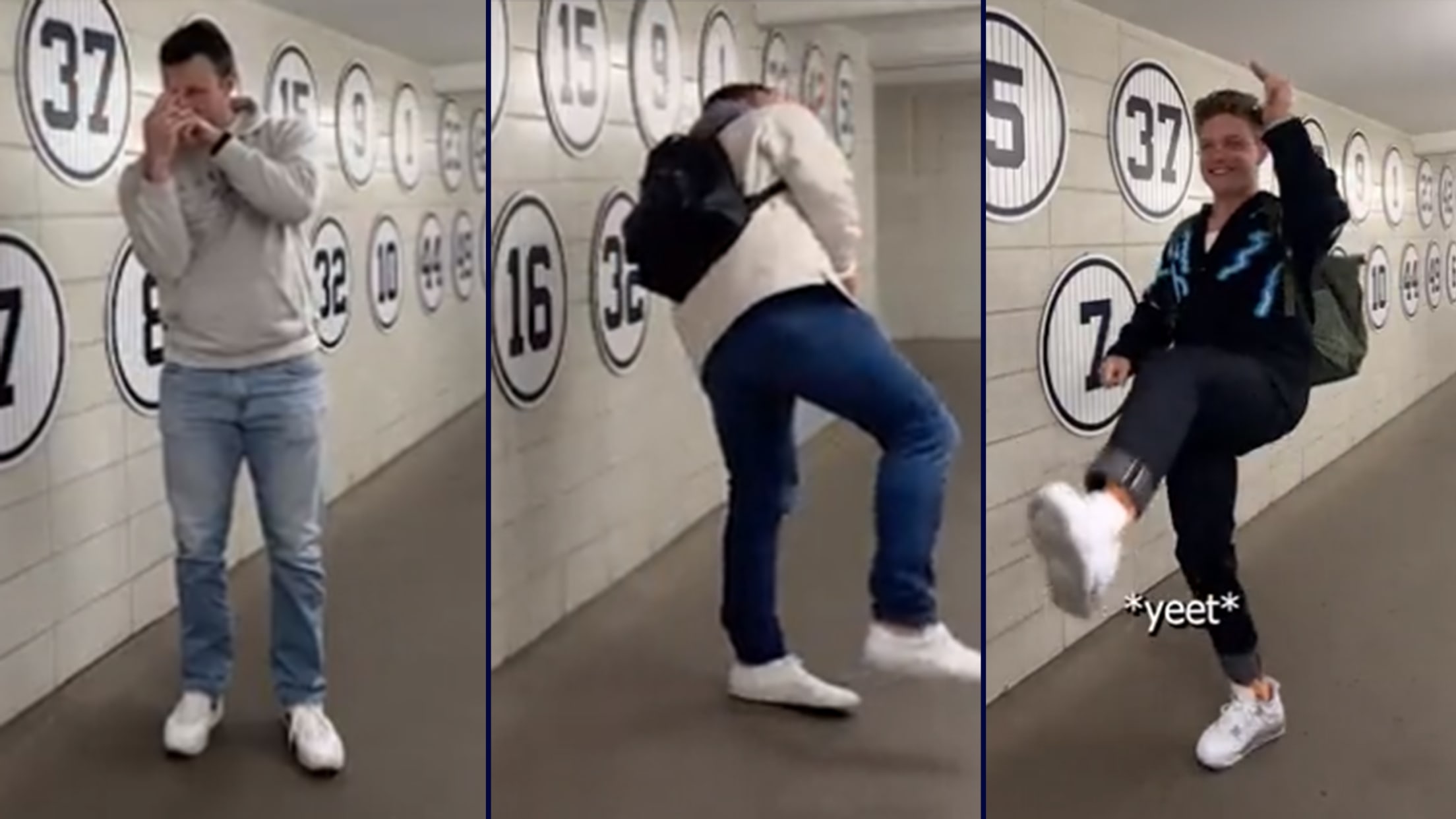 A composite of three screengrabs showing players in street clothes imitating Yankees pitcher Nestor Cortes