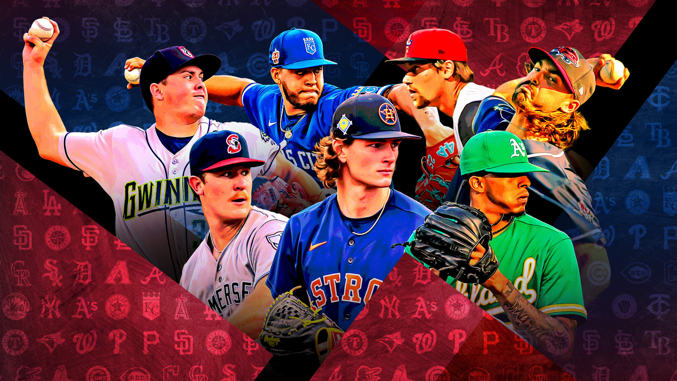 A photo illustration of seven pitchers clustered among red and blue shapes with team logos