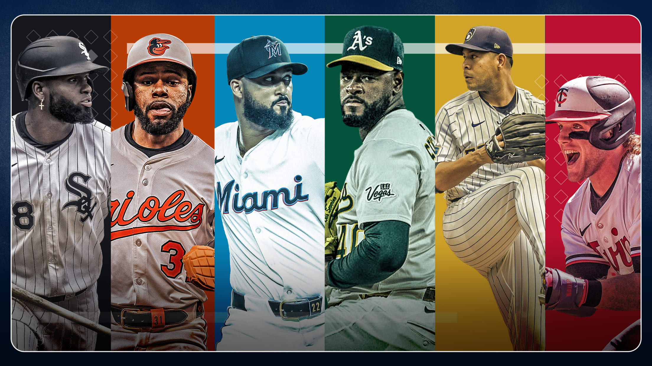Luis Robert Jr., Cedric Mullins, Sandy Alcantara, Luis Severino, Jose Quintana and Harrison Bader