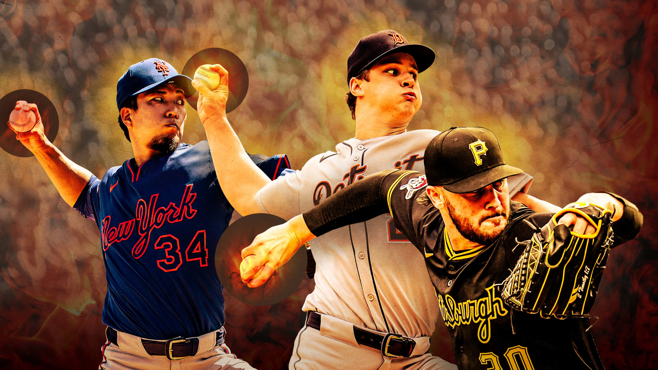 Overlaid images of Kodai Senga, Jackson Jobe and Paul Skenes pitching, with circles highlighting the ball in their hands