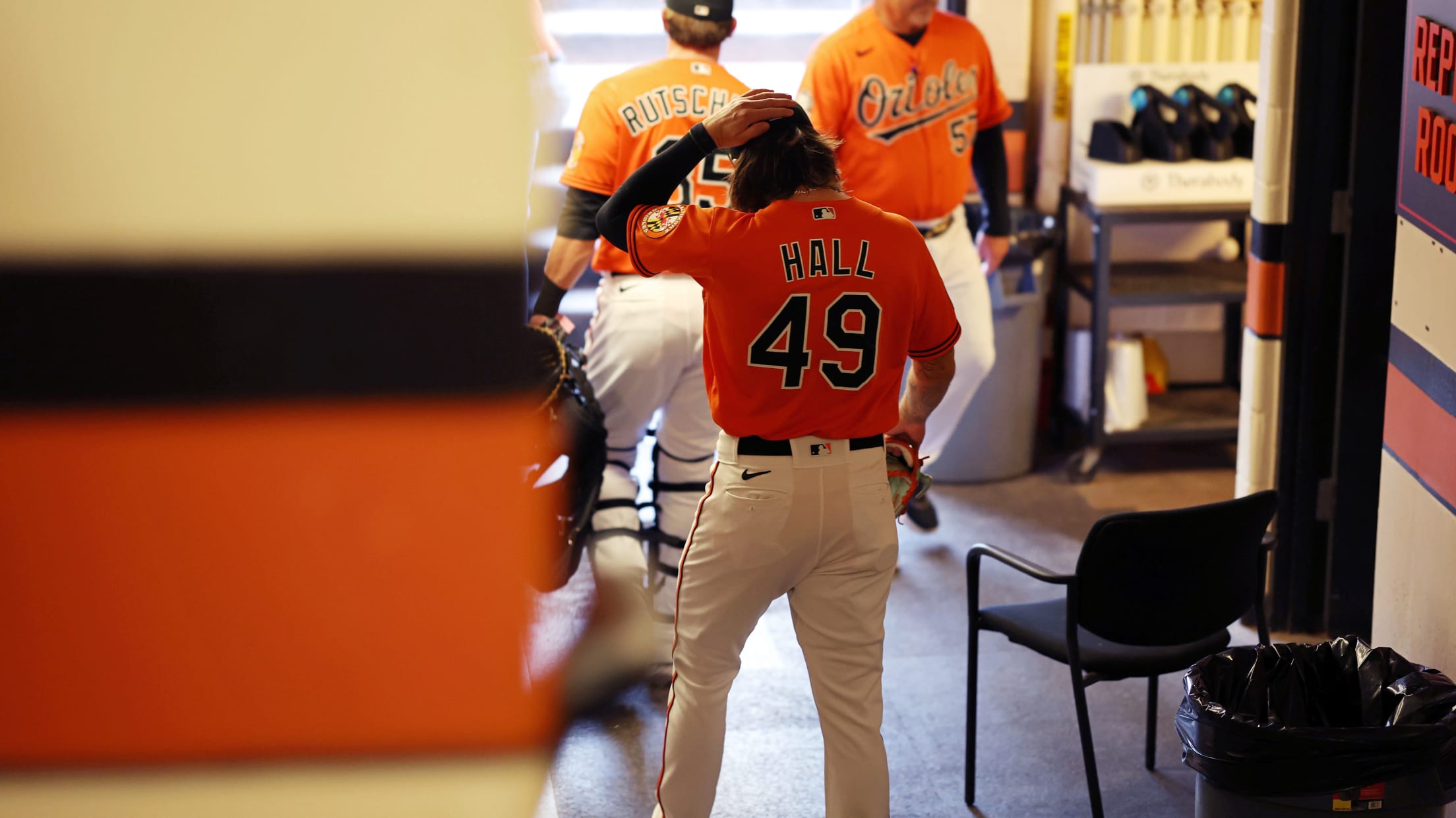 Hall preparing to enter the dugout during a 2022 game at Camden Yards.