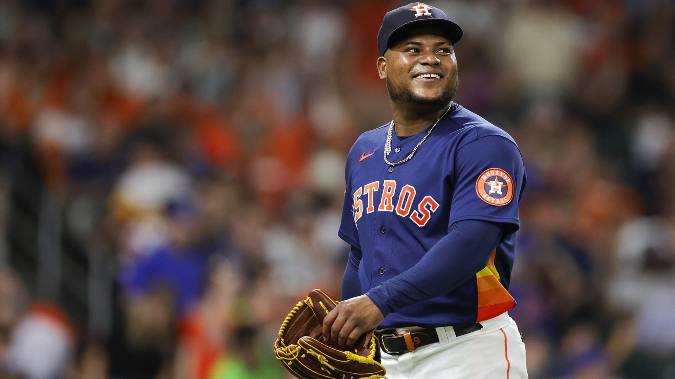 Framber Valdez smiles while walking off the mound