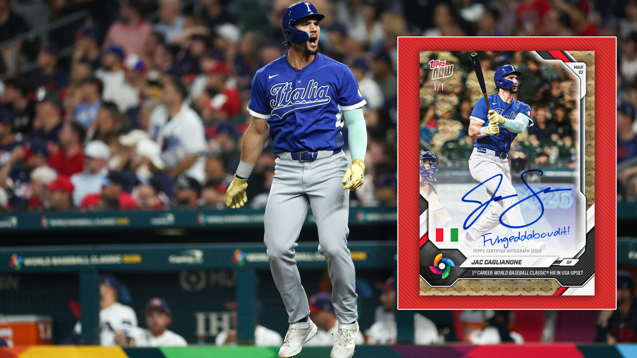 Jac Caglianone celebrates a home run, with an inset of a signed Topps card showing the home run swing