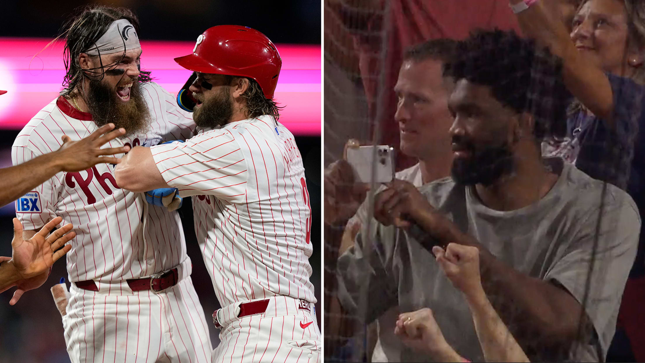 As Bryce Harper and the Phillies celebrate, Joel Embiid records it on his phone