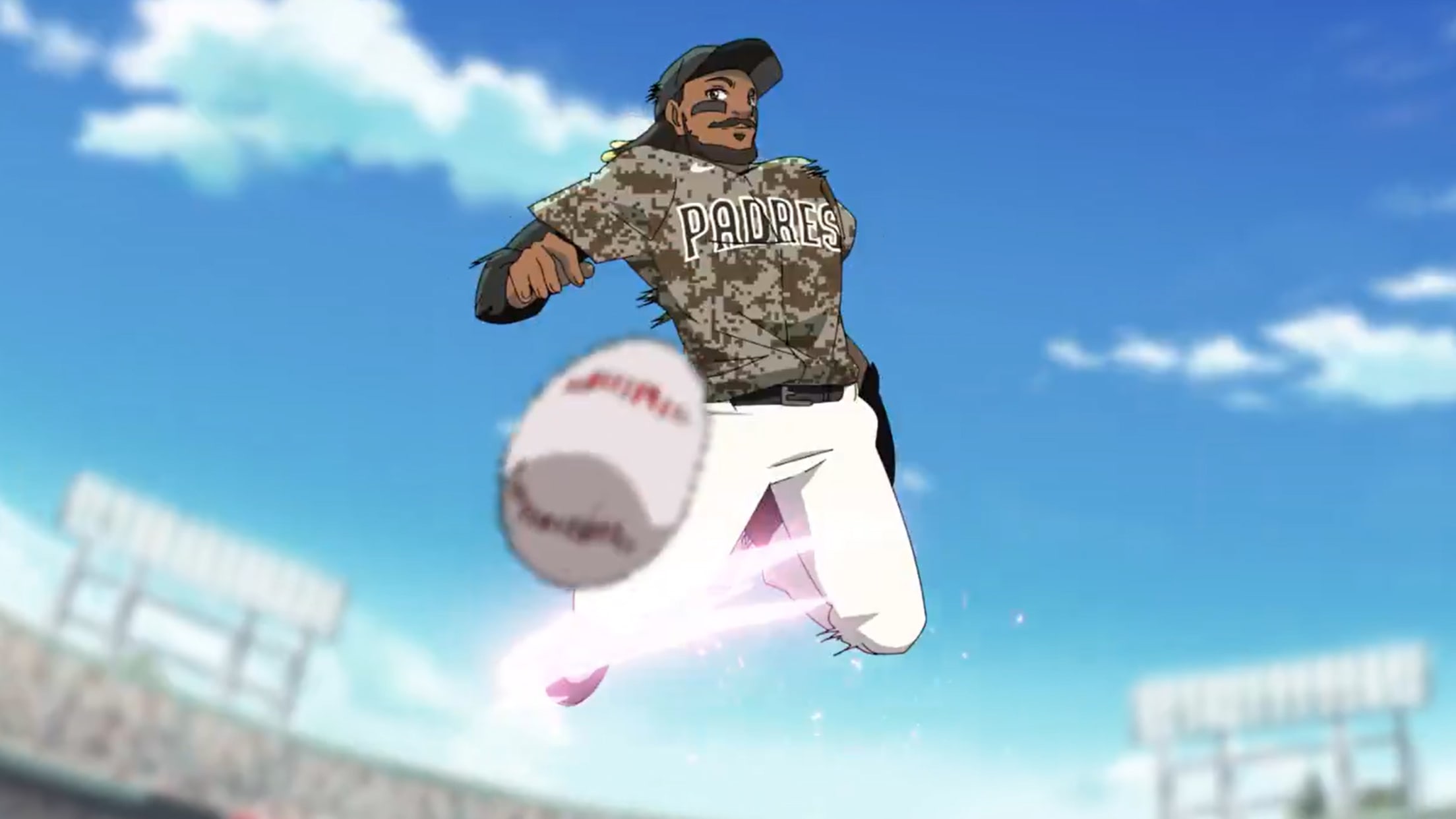 An anime version of Fernando Tatis Jr. leaping in the air