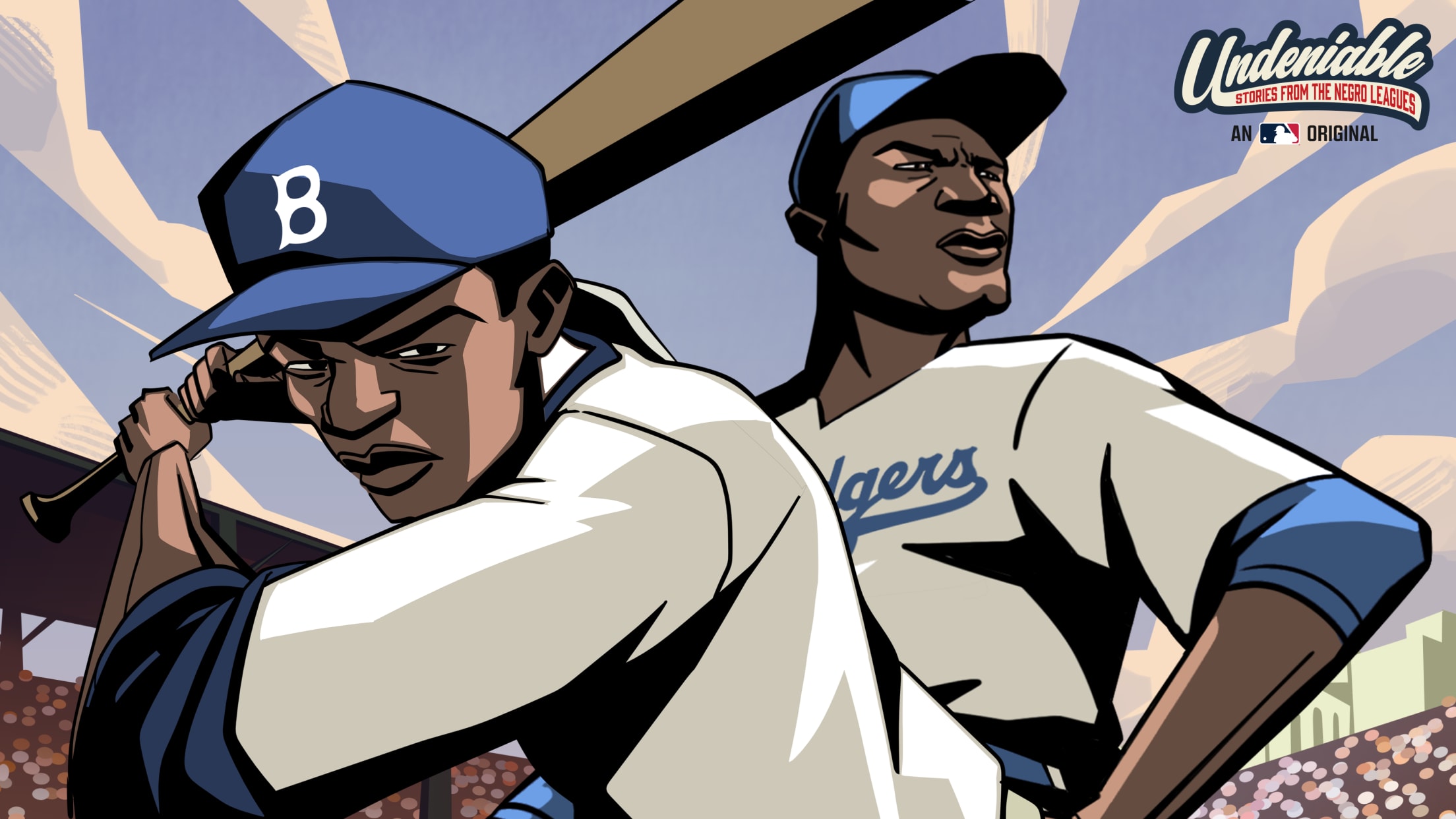 A cartoon image of Jackie Robinson in two poses