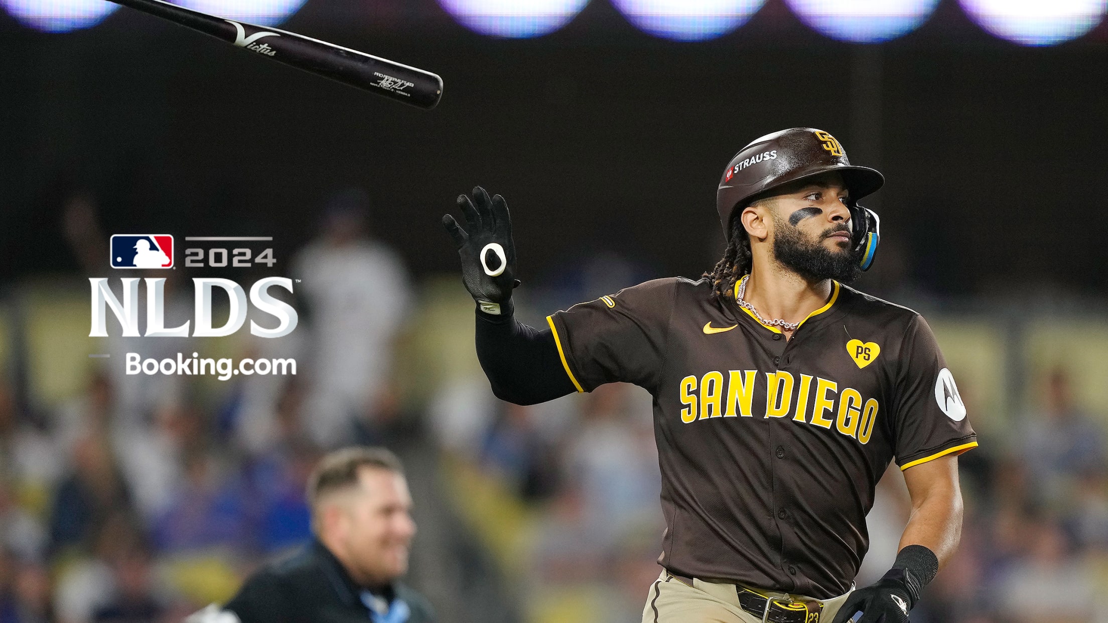 Fernando Tatis Jr. tosses his bat after one of his two home runs in NLDS Game 2