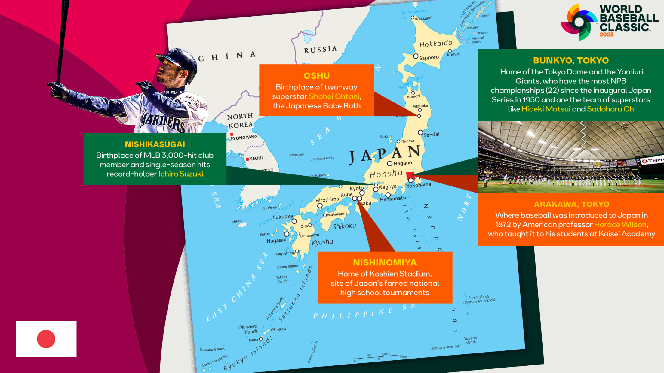 A map graphic of Japan with a photo of Ichiro Suzuki holding a bat and several text blocks