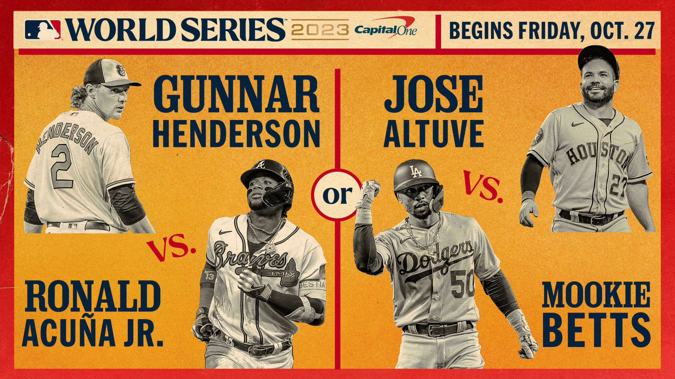 A graphic made to look like a sports promotional poster featuring Gunnar Henderson vs. Ronald Acuña Jr. and Jose Altuve vs. Mookie Betts