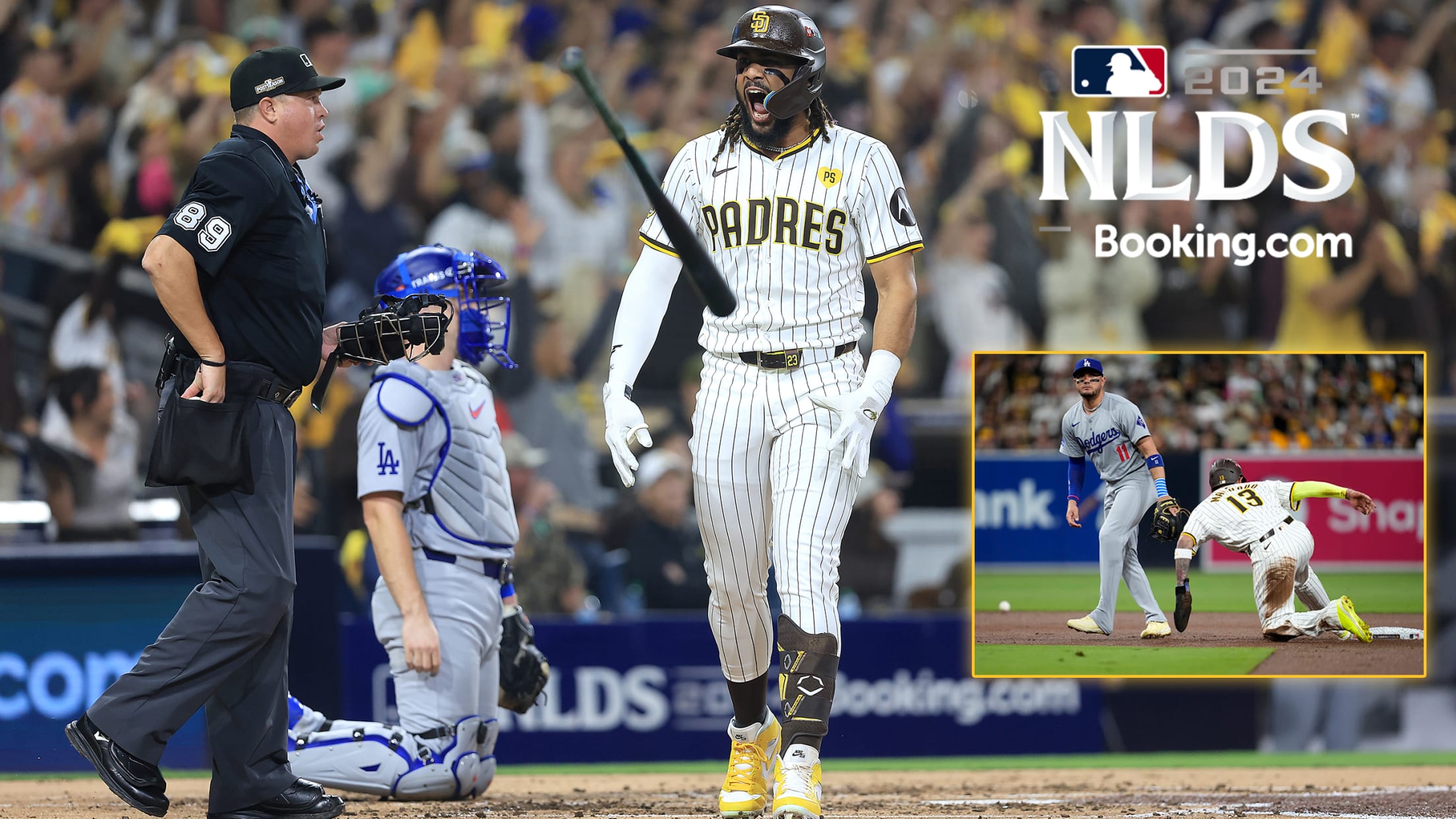 Fernando Tatis Jr. flips his bat with a yell after his second-inning homer