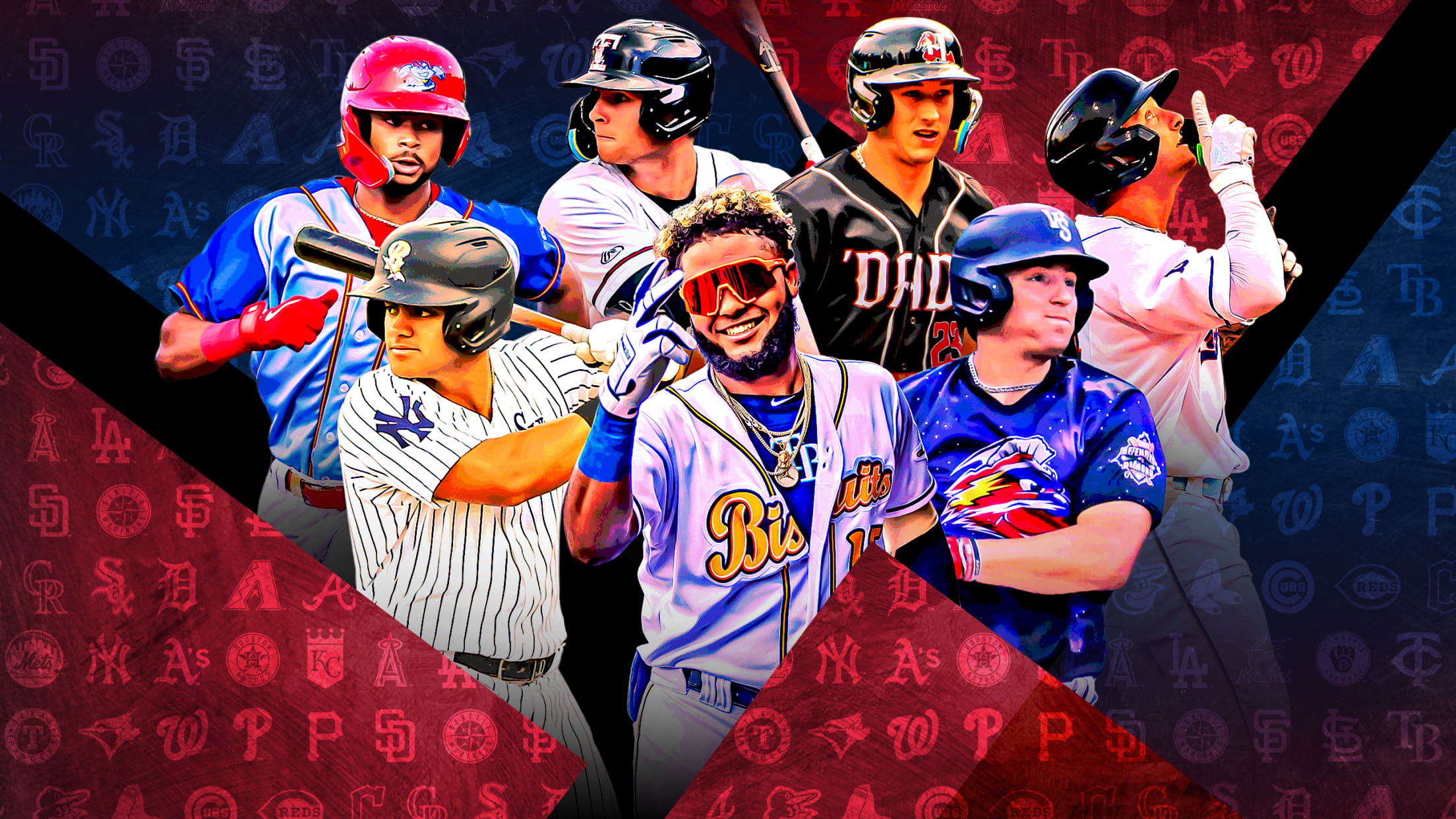 A photo illustration featuring seven hitting prospects