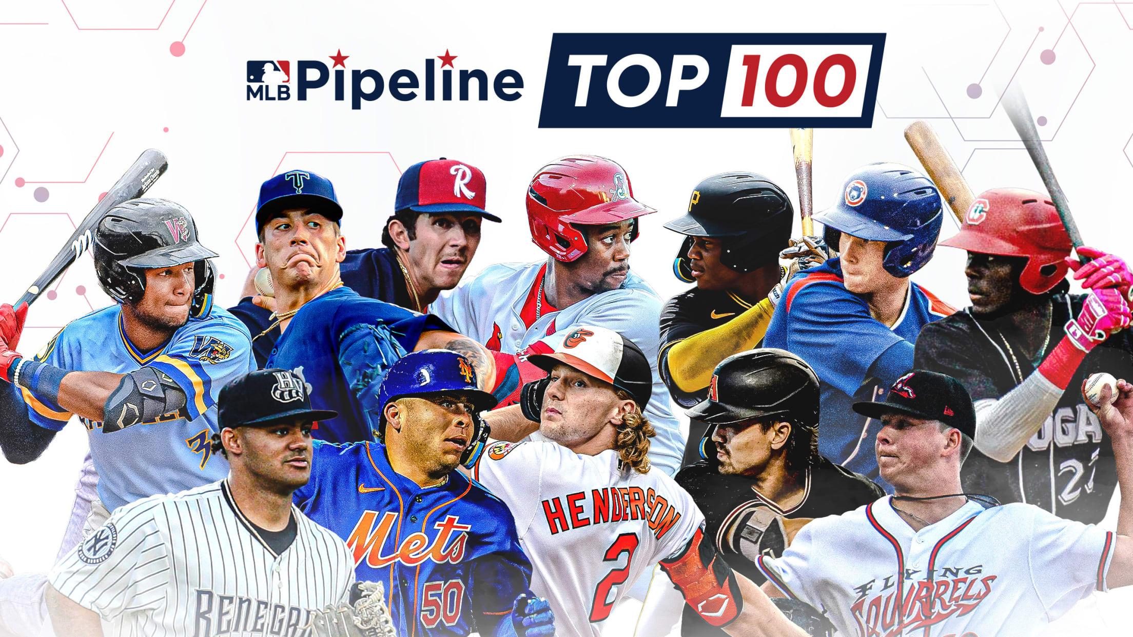 A photo illustration showing 12 prospects beneath a banner reading, ''MLB Pipeline Top 100''
