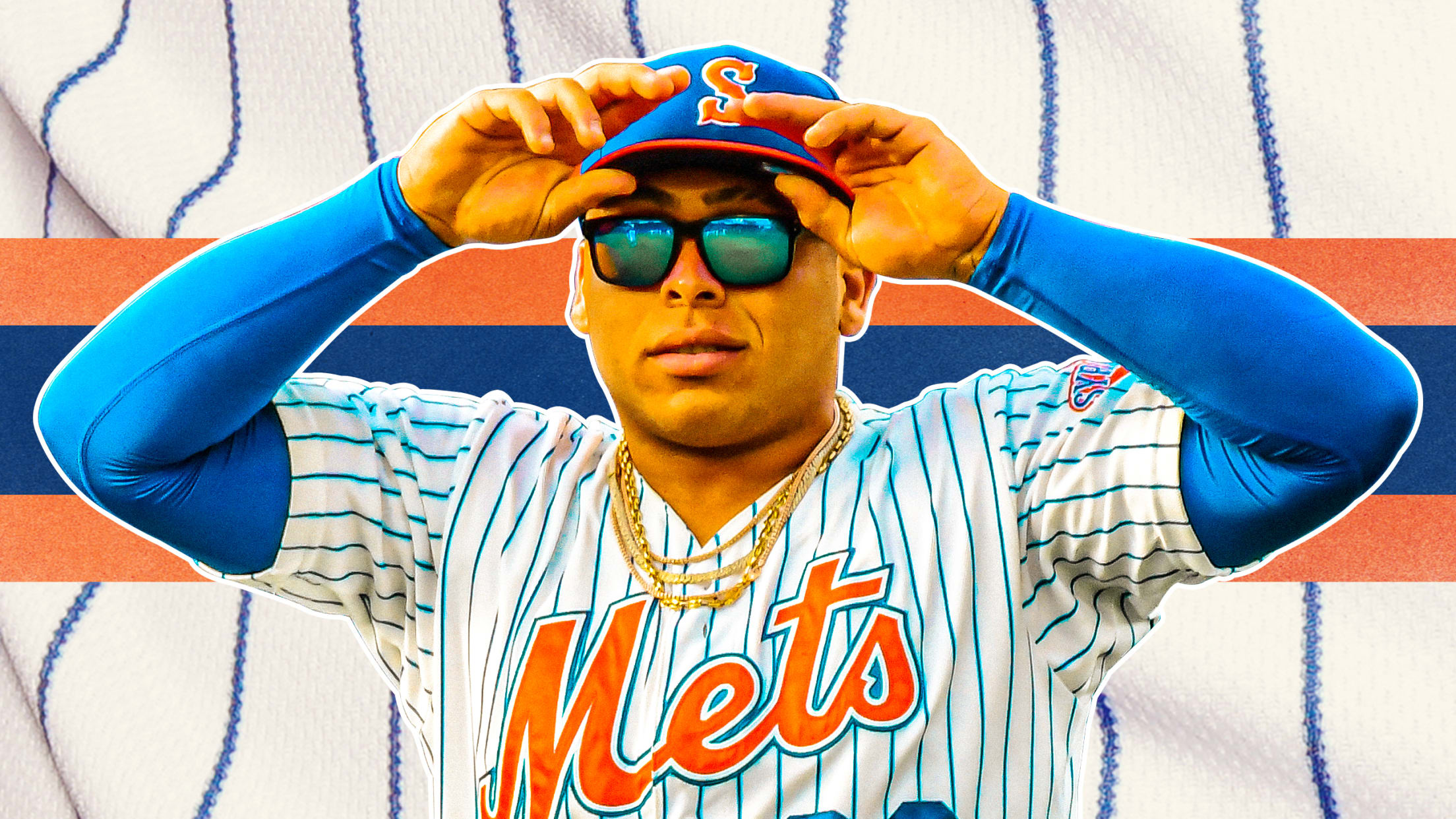 Francisco Alvarez adjusts a blue cap with an orange ''S'' on it while wearing sunglasses. The background consists of vertical blue pinstripes and a wide blue horizontal line between two orange lines