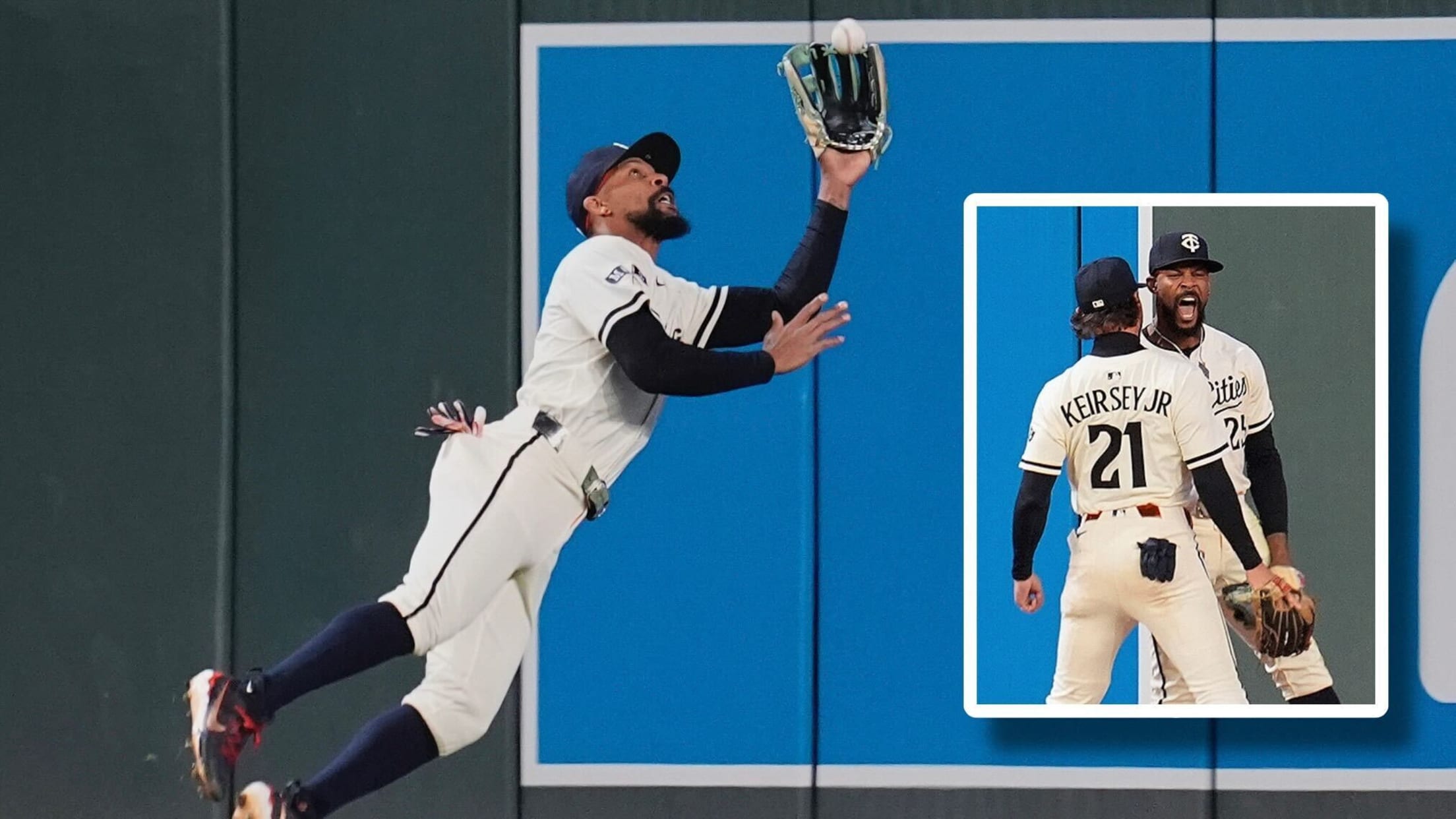 Byron Buxton dives to make a game-ending catch. Inset: Buxton celebrates with a teammate