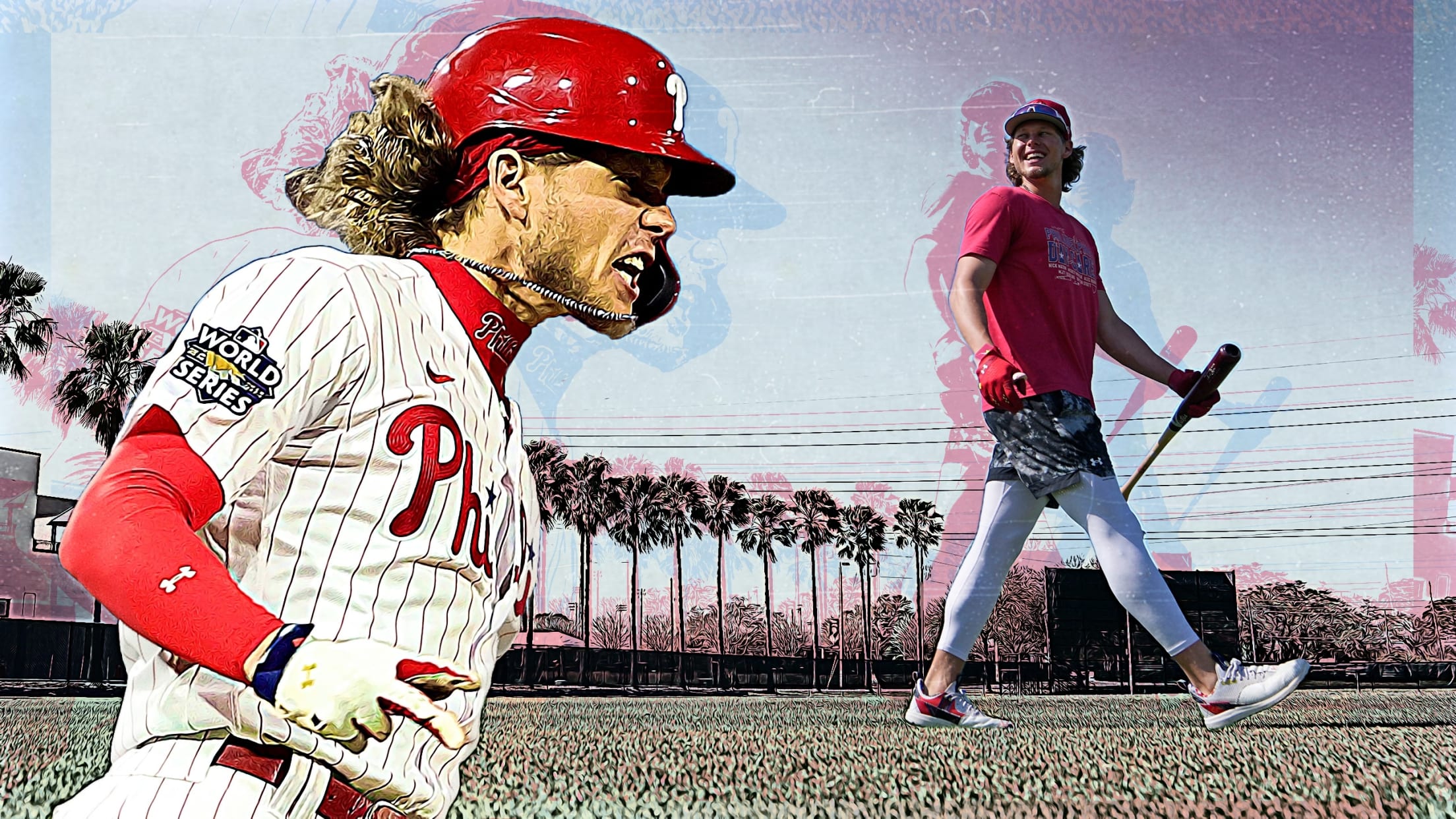 A photo illustration of Alec Bohm celebrating a World Series home run over an image of him on a Spring Training field with palm trees in the background