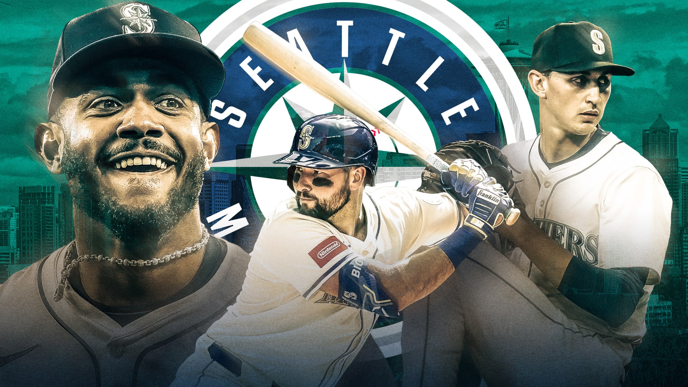 Julio Rodríguez, Cal Raleigh and George Kirby in front of the Mariners logo