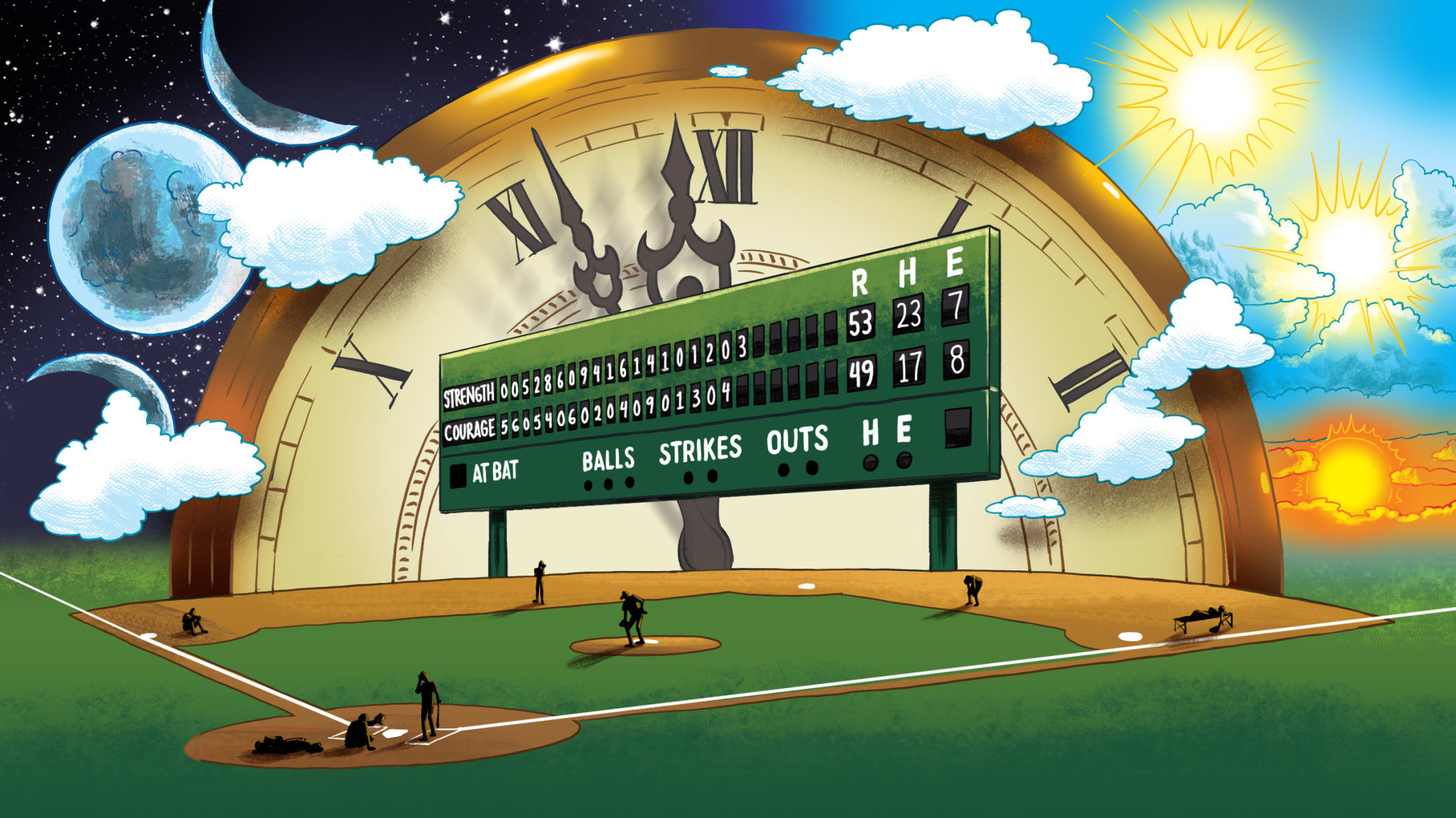 Artwork showing a baseball field with a scoreboard displaying way more than 9 innings and a giant clock setting into the horizon