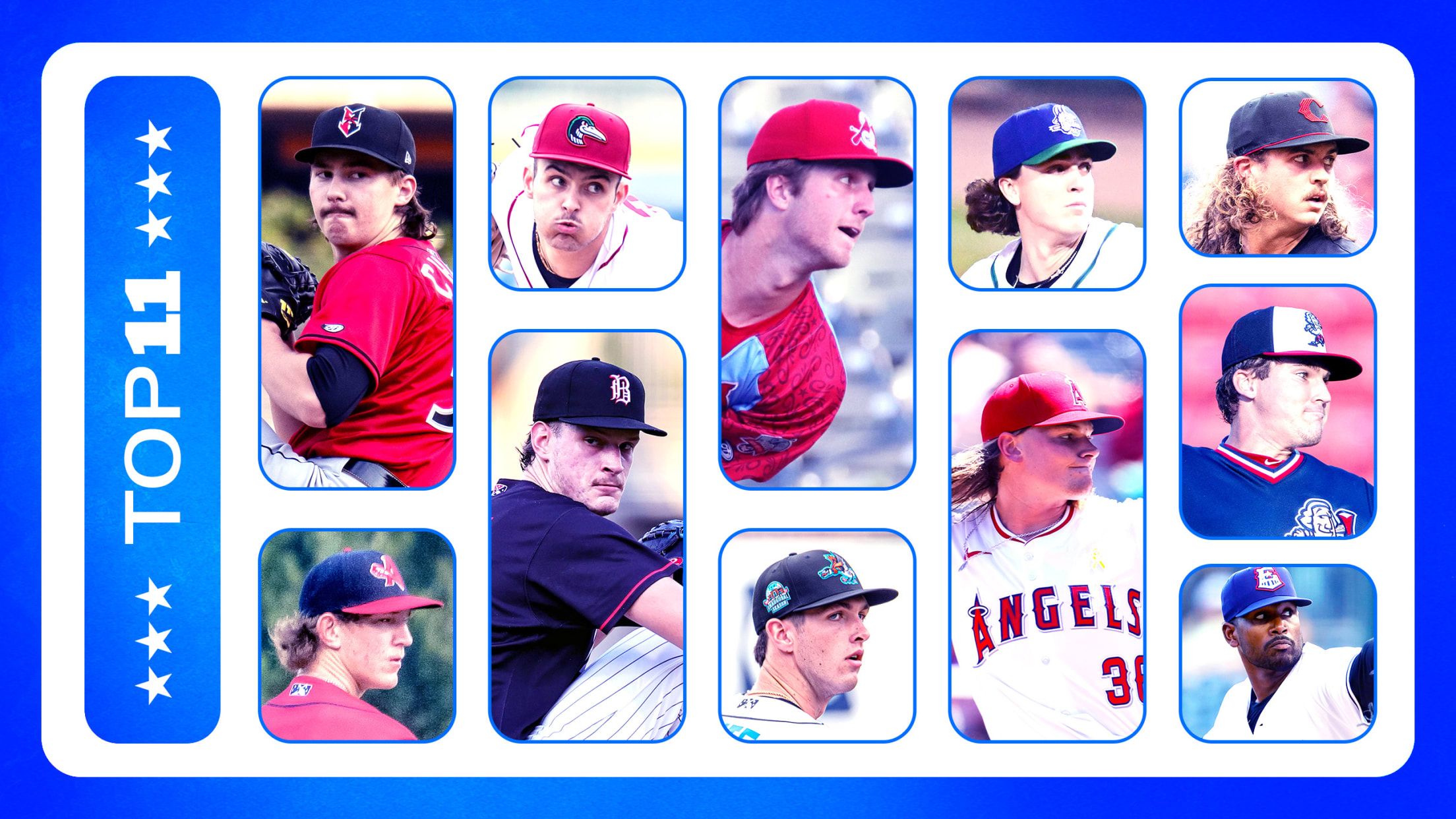 A photo illustration with portraits of 11 pitching prospects