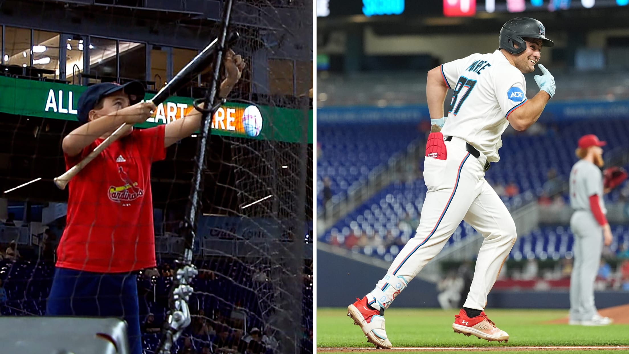 Side-by-side images of a young Cardinals fan pulling a bat out of the netting and the Marlins' Jakob Marsee trotting around the bases