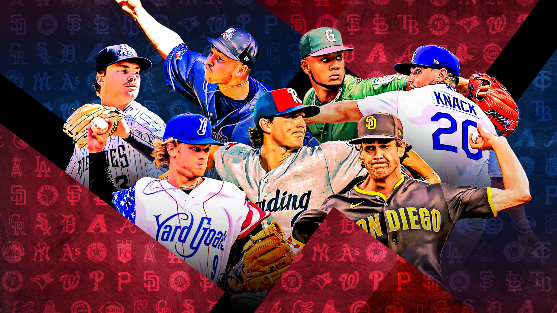 A photo illustration of seven pitching prospects