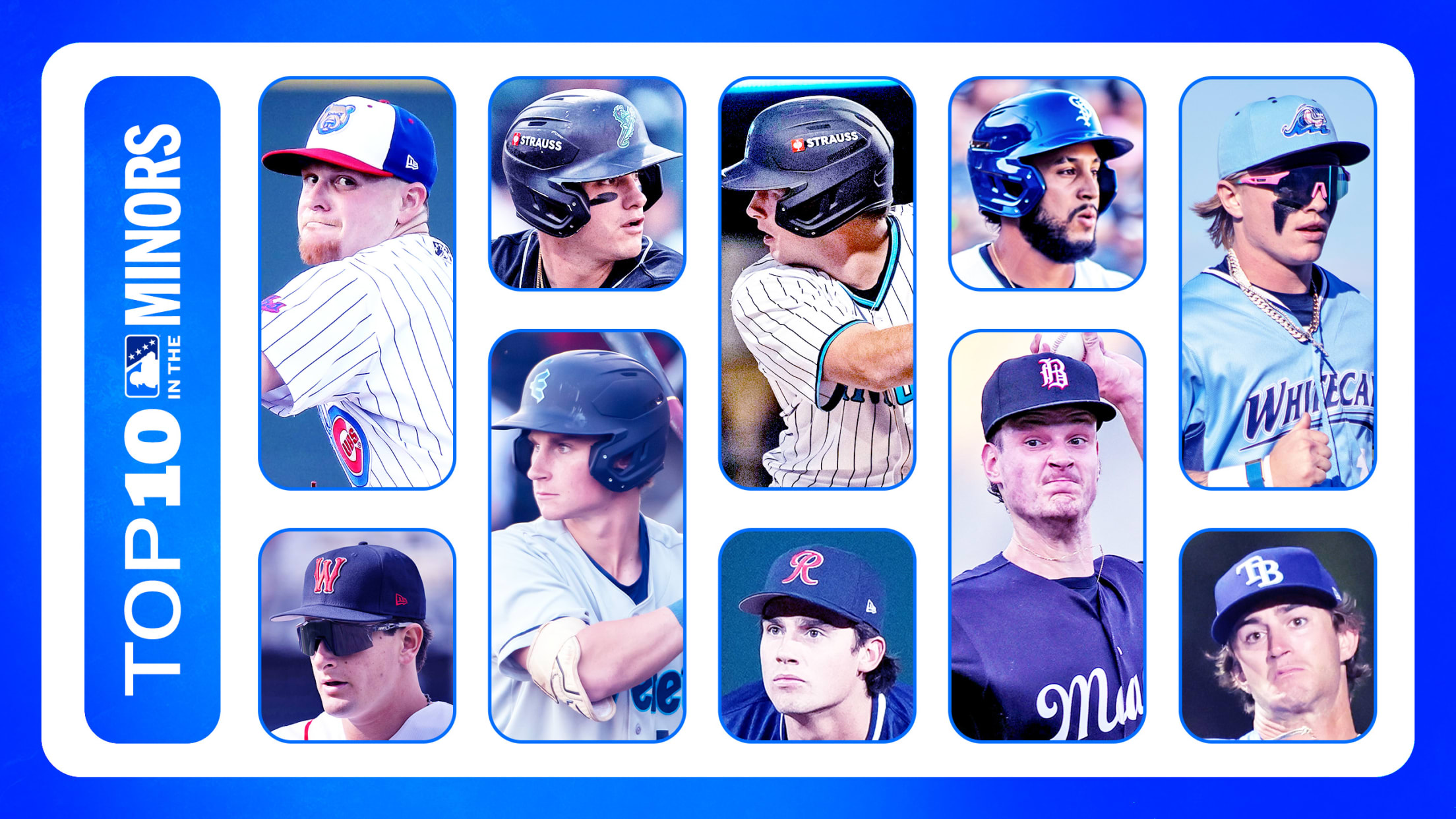 Headshots of 10 prospects in action in a grid alongside vertical text that reads, ''Top 10 in the Minors'' 