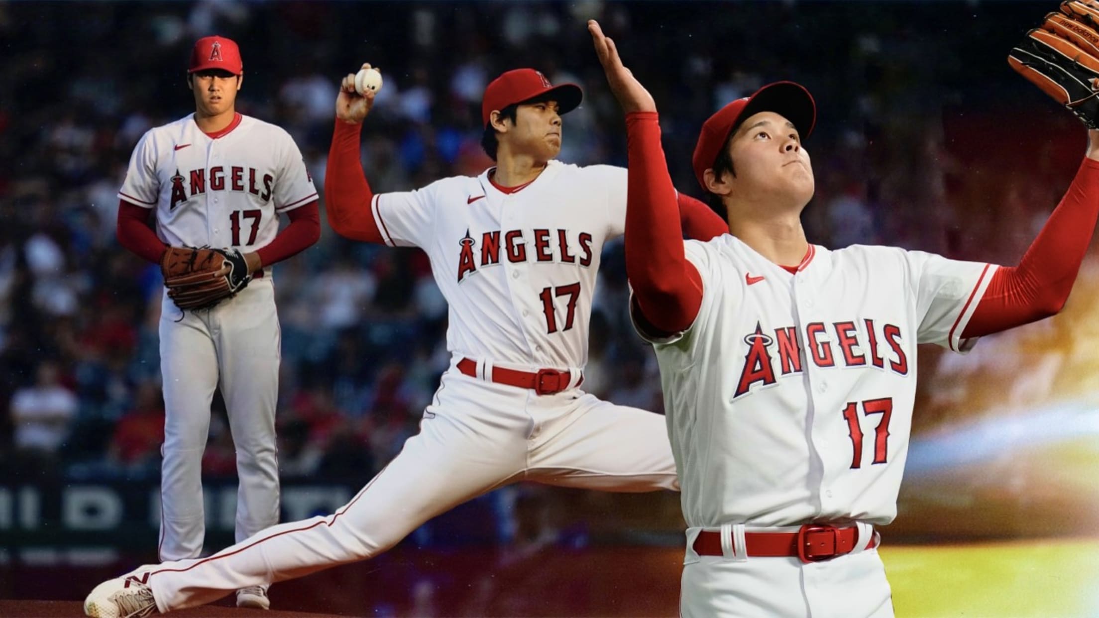 A composite image showing Shohei Ohtani in the set position, delivering a pitch and looking up, arms raised in celebration