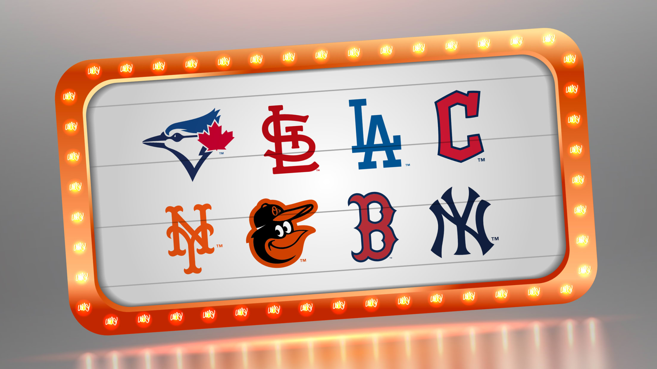 A graphic made to look like a theater marquee with the logos of eight Major League teams