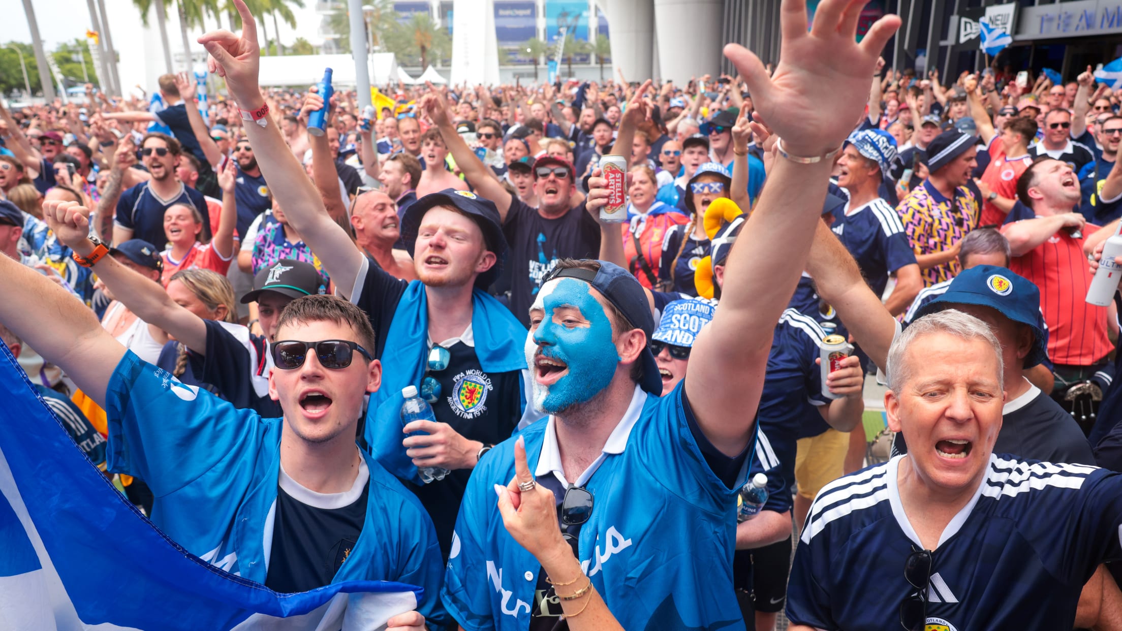 Scotland soccer fans cheering outside loanDepot park