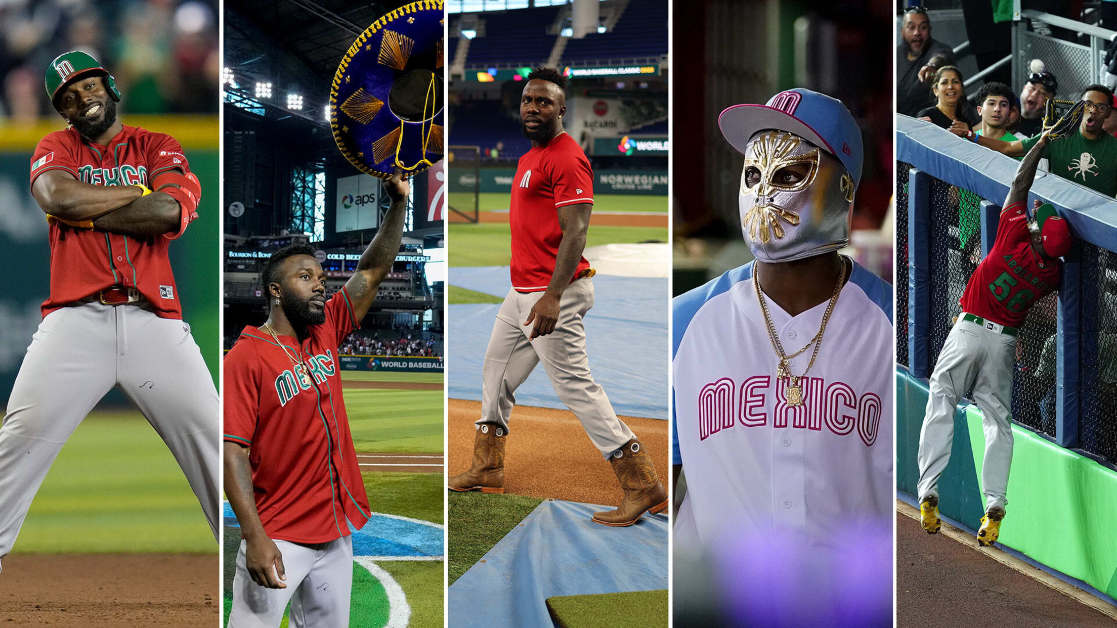 Five images of Randy Arozarena posing, holding a sombrero, modeling cowboy boots, in a Mexican wrestling mask and robbing a home run