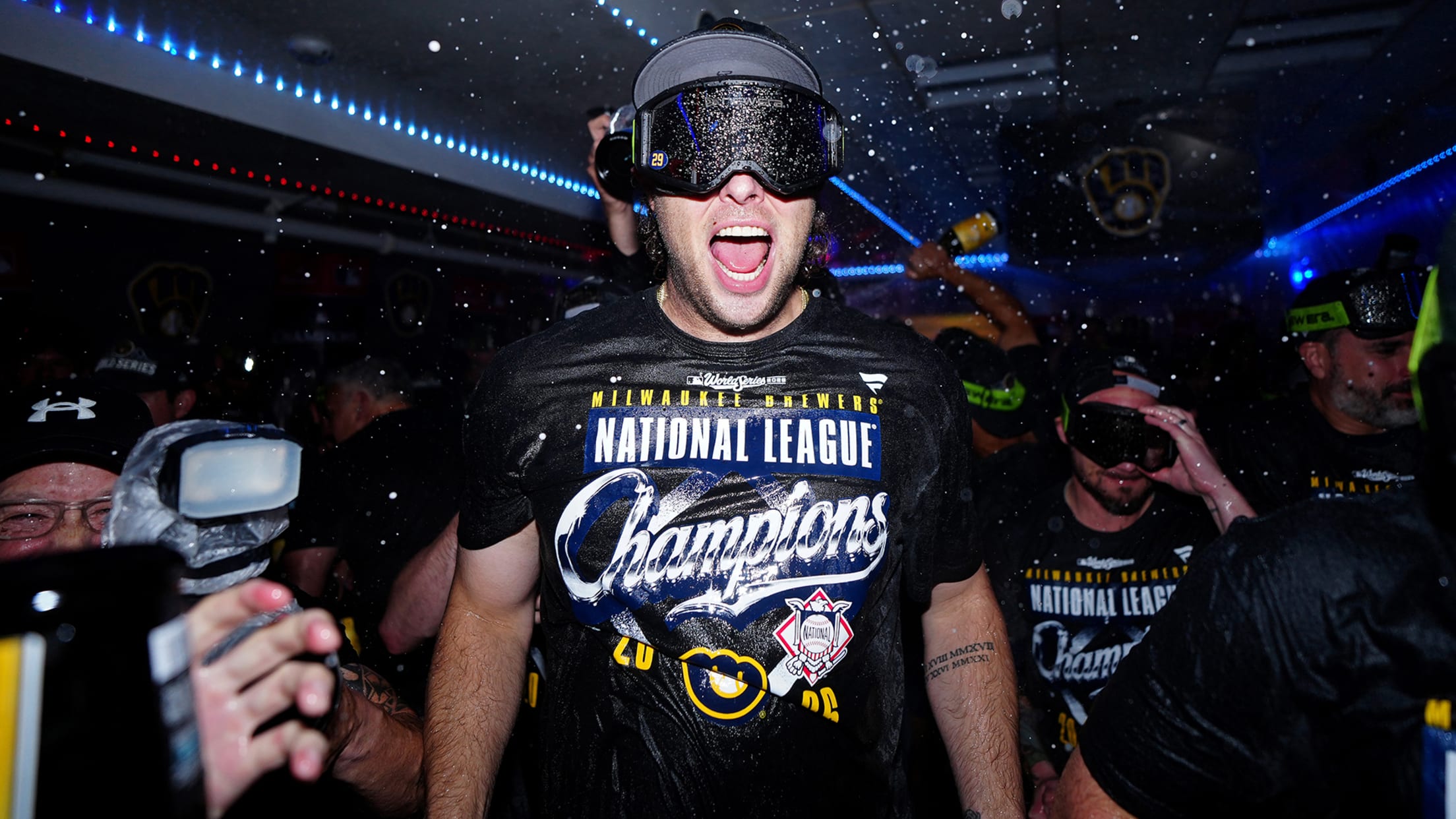 The Brewers celebrate their World Series berth in the clubhouse