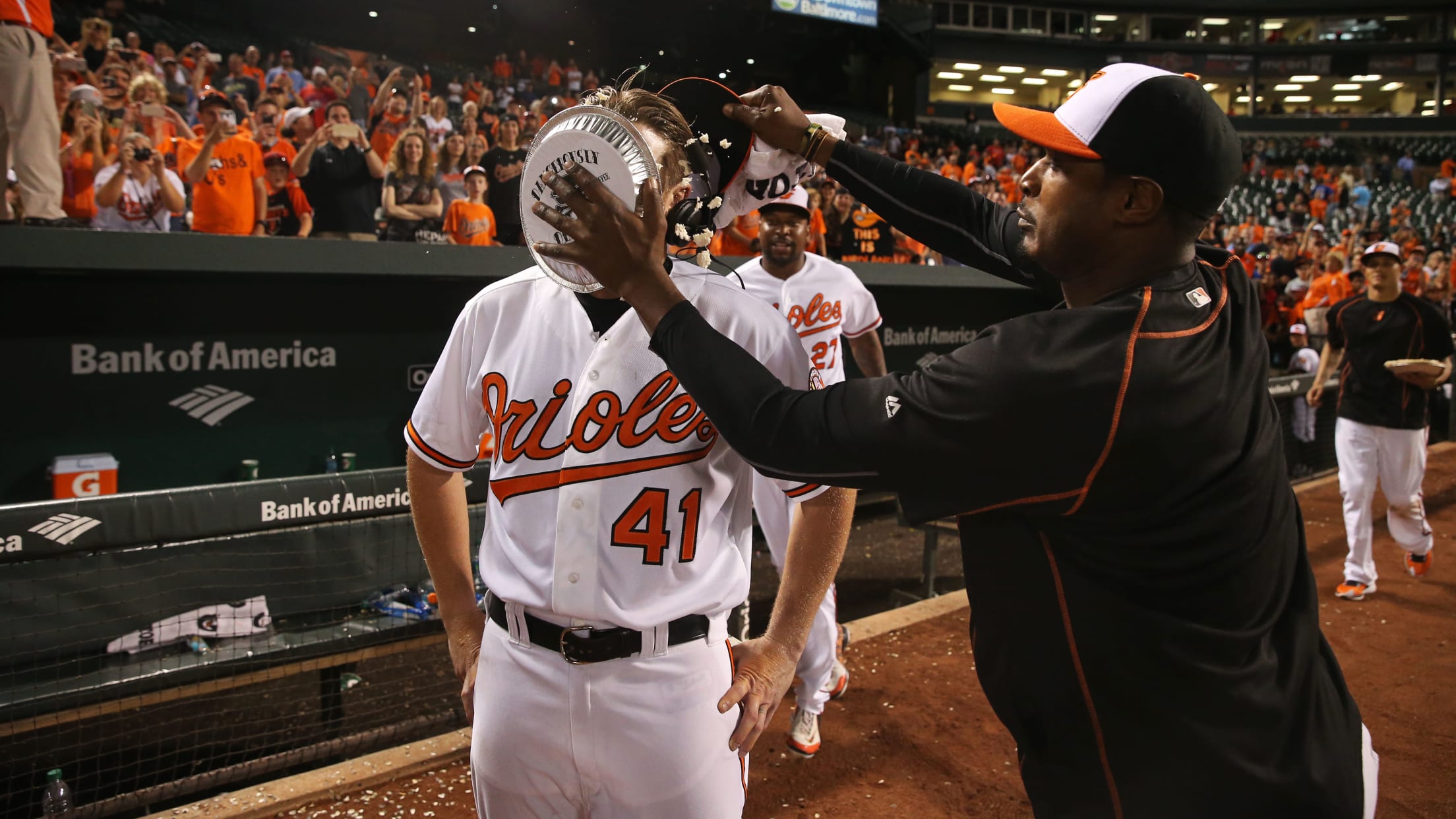Baltimore Orioles Adam Jones celebrates with fans after the