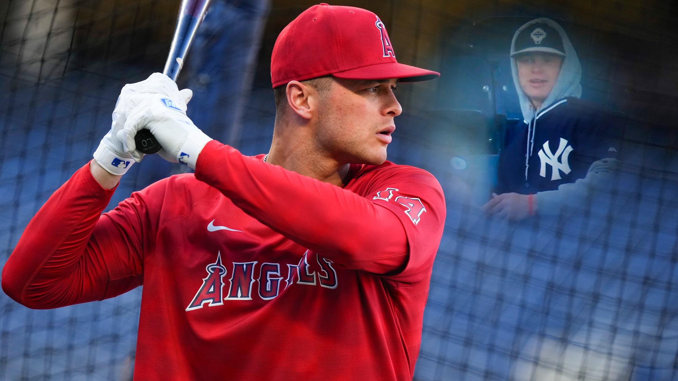 Logan O'Hoppe in the batting cage with an inset of him five years ago as a fan