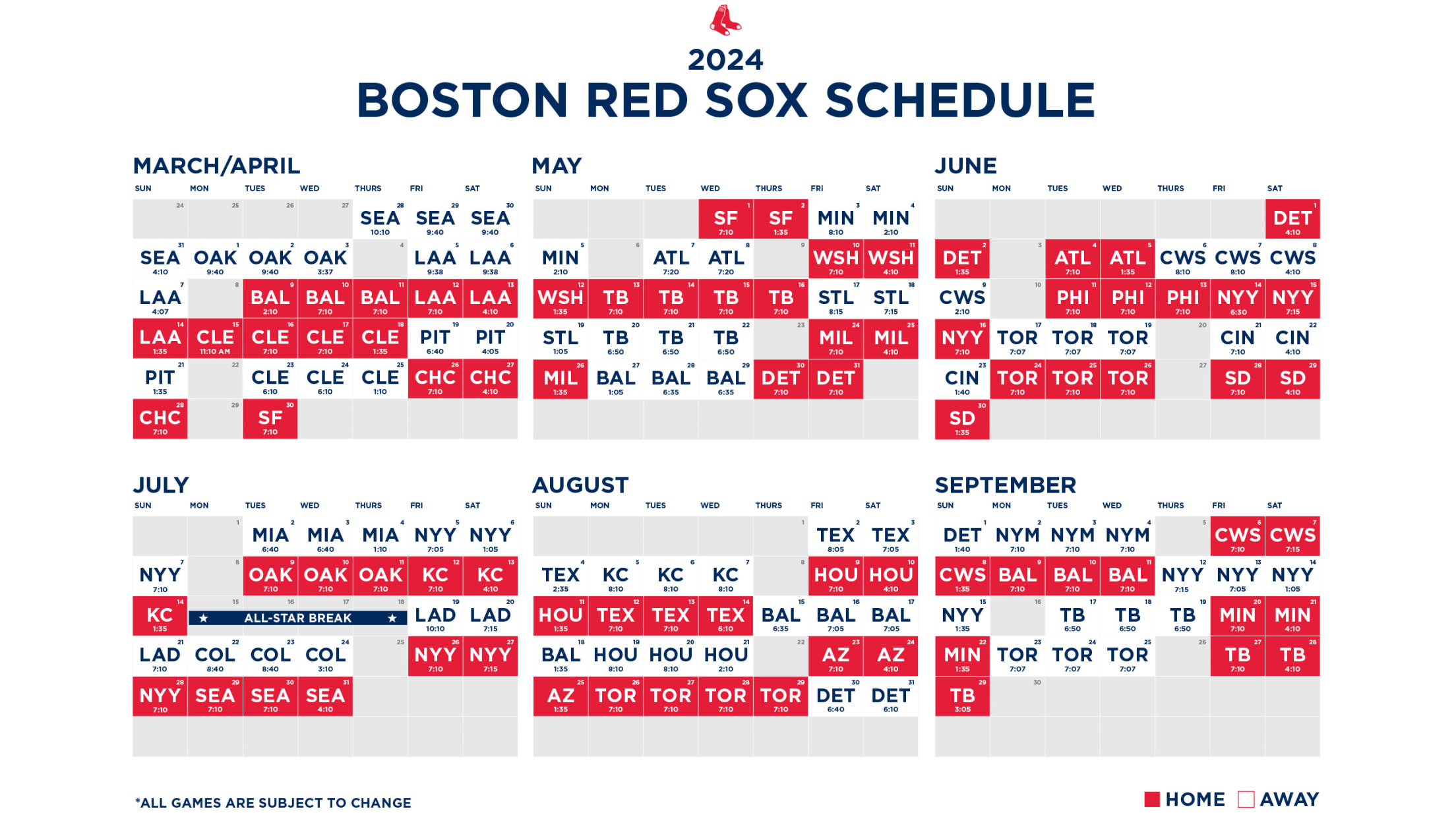 Printable Schedule Boston Red Sox