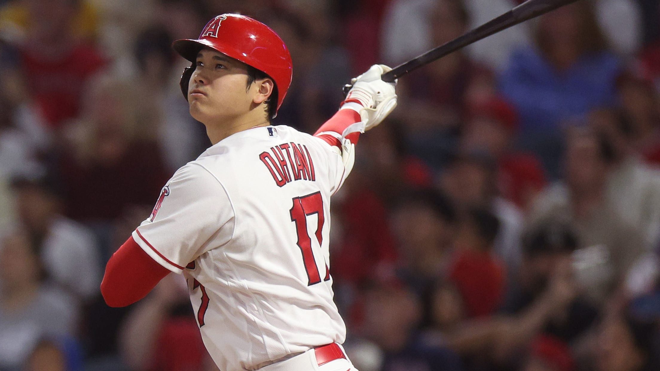 Shohei Ohtani follows through on a swing