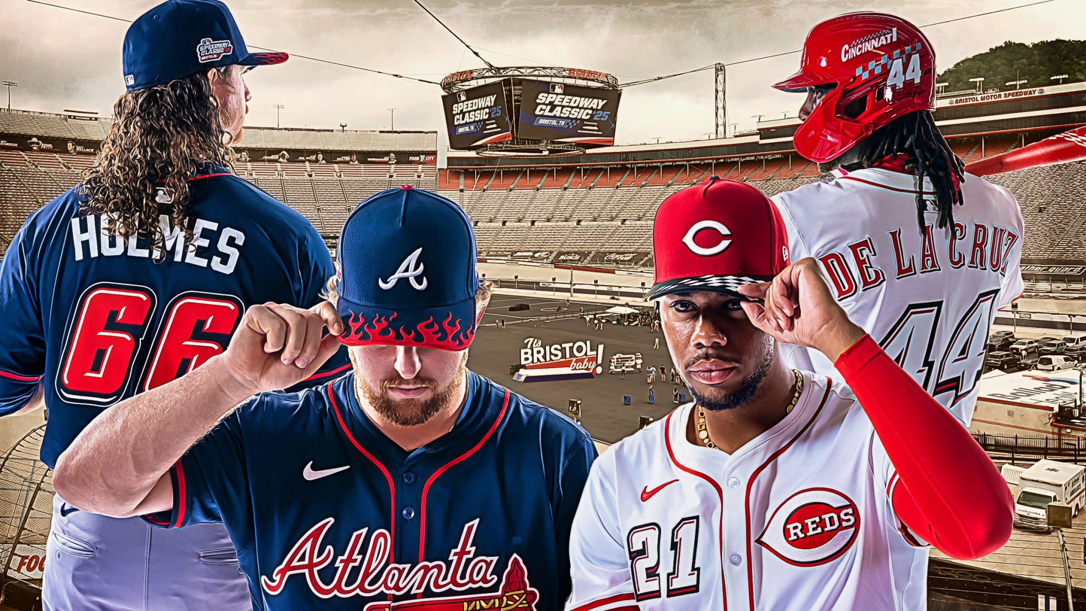 Players for the Braves and Reds model the uniforms that will be worn in the Speedway Classic