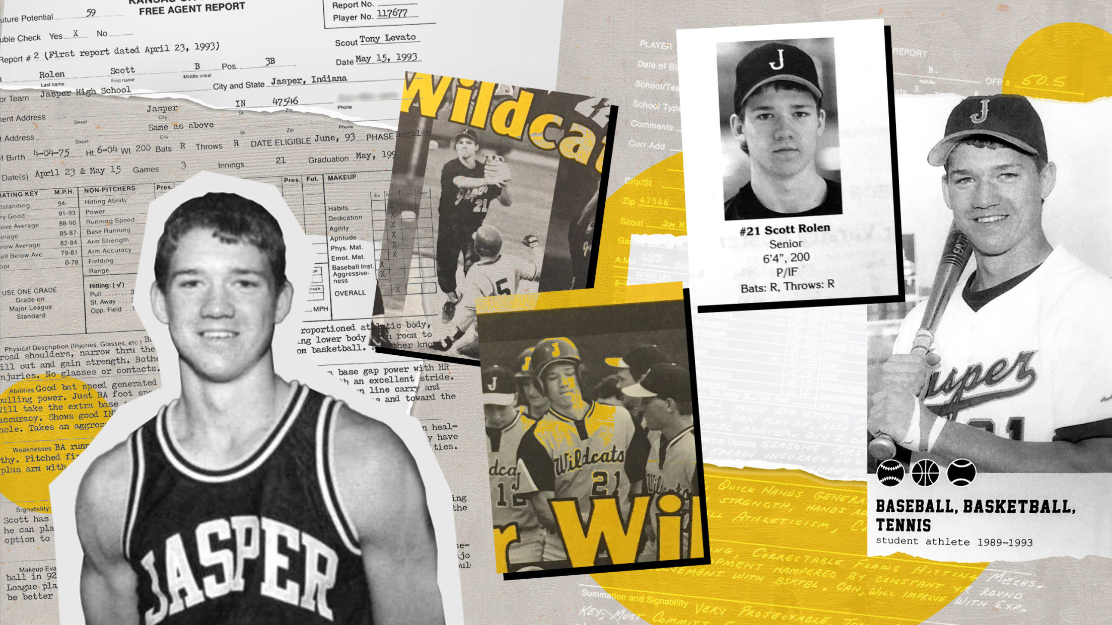 A collage of photos of Scott Rolen in high school over a background of documents
